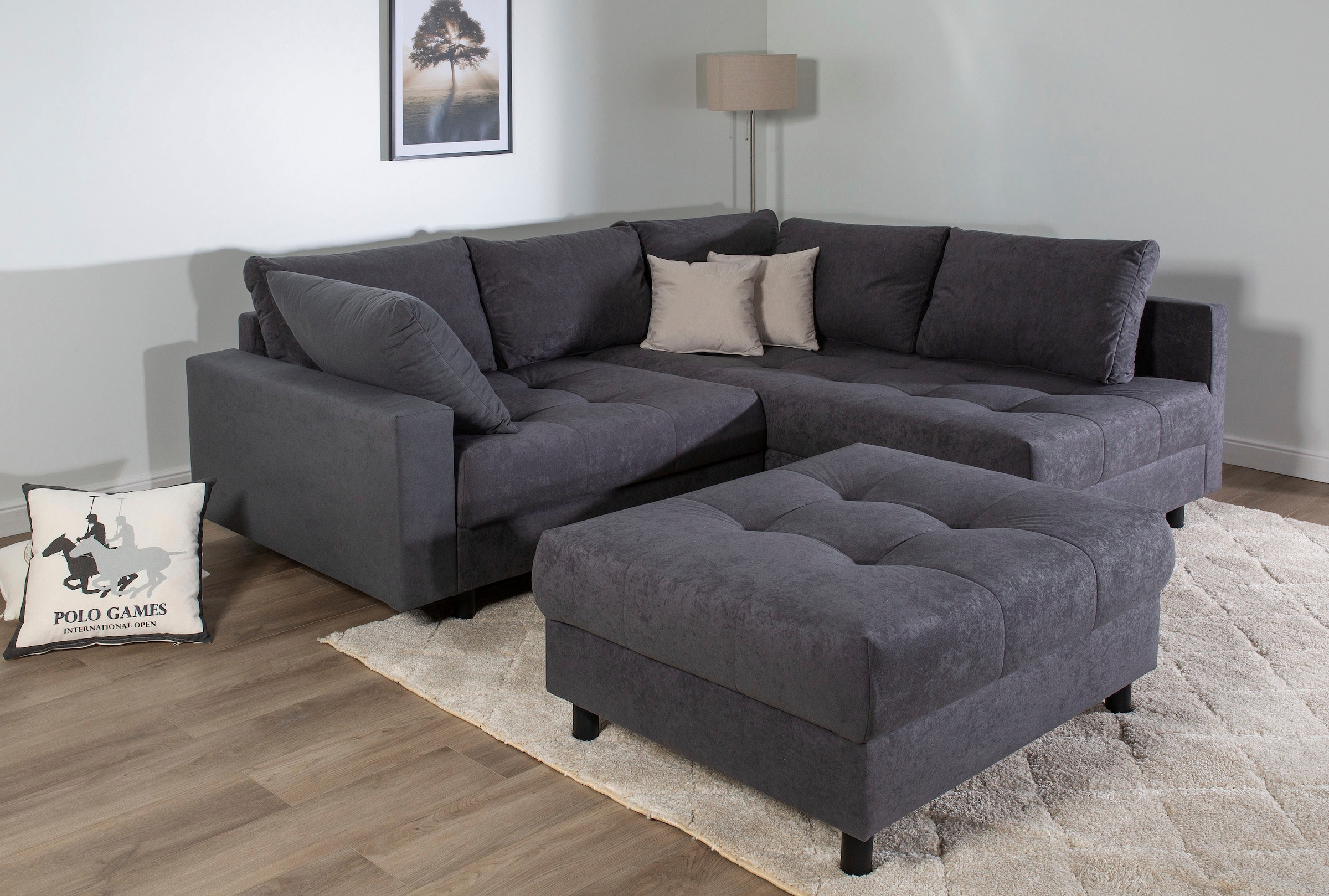 Home affaire Ecksofa "Toni L-Form, B: 215 cm", mit Hocker & 2 Zierkissen, F günstig online kaufen