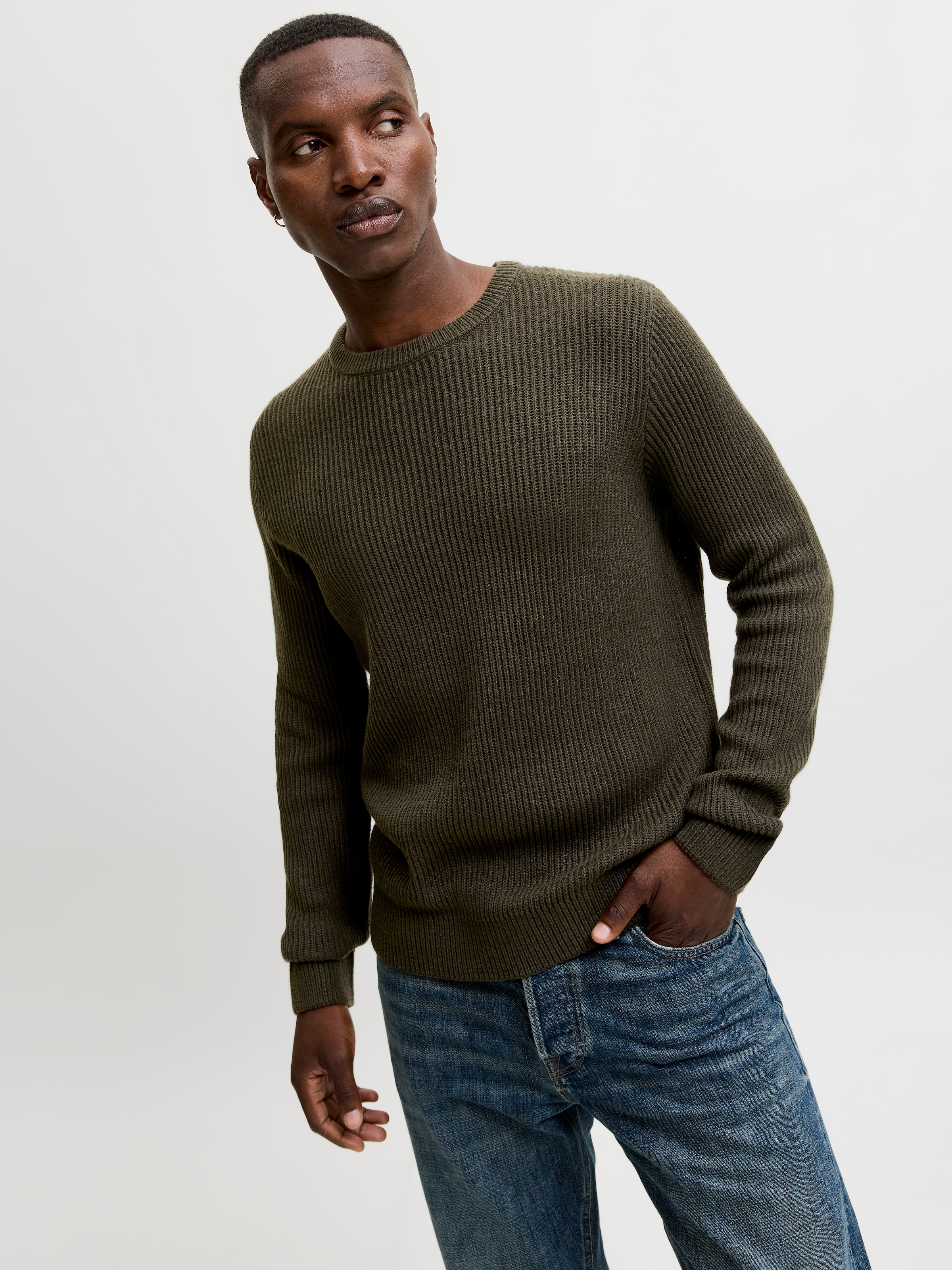Jack & Jones Rundhalspullover »JJPANNEL KNIT CREW NECK AW26« Materialmix, regular fit