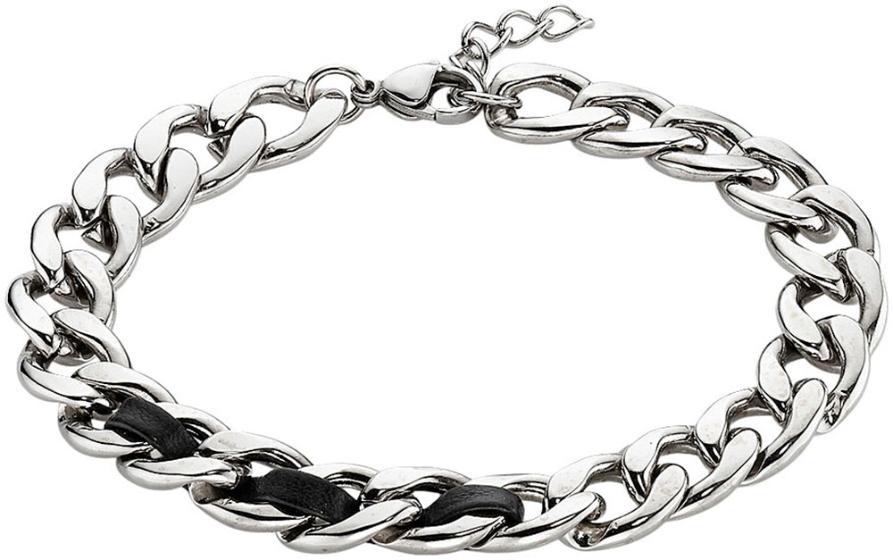 Armband BRUNO BANANI "Schmuck Geschenk Edelstahlarmband mit Lederimitateinsatz", schwarz (edelstahlfarben, schwarz), Armbänder, Damen, 21cm, Edelstahl Lederimitat, Edelstahl, Lederimitat, Armband
