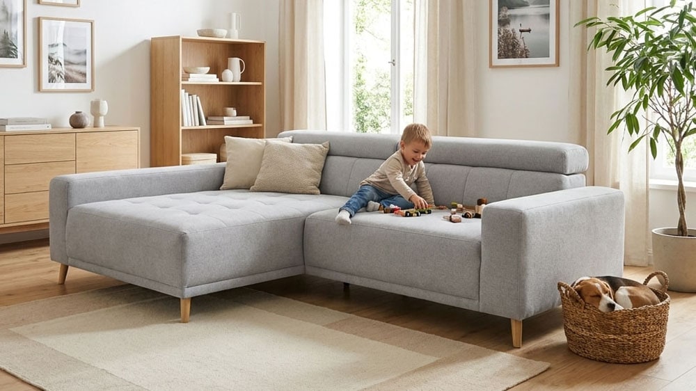 OTTO home "Greevy 248 x 172 cm mit Steppungen, für gängige Saugroboter geeignet" Kopfteile verstellbar, L-Form, aus Pet Friendly Bezug