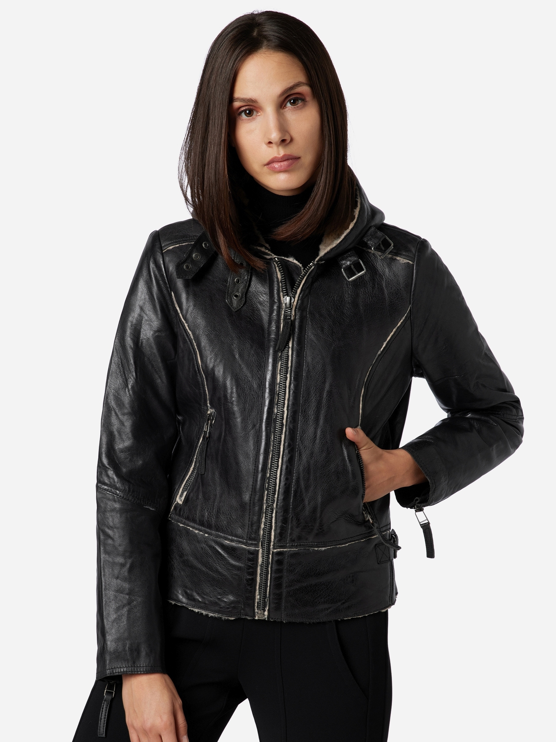 RICANO Bikerjacke »Lederjacke Julie« mitKapuze Handgefertigt aus echtem Leder