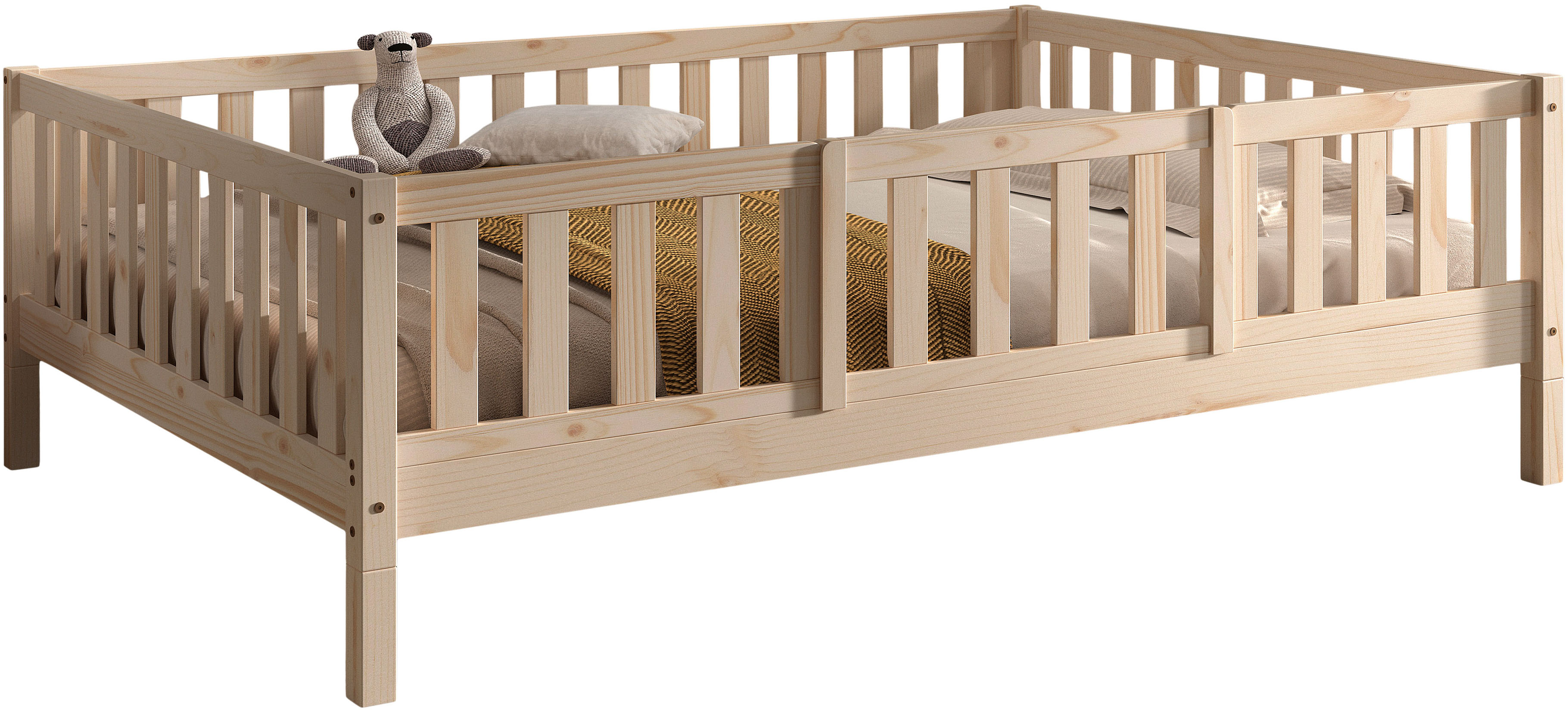 Vipack Daybett "Dallas Massiv Bett mit Rausfallschutz umbaubar vom Boden- zum Daybett" mit Bettschublade, wahlweise Kiefer massiv natur oder weiß