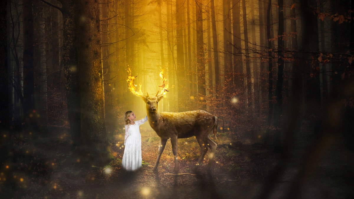 Papermoon Fototapete "Mädchen Hirsch Buck Liebe Hoffnung"