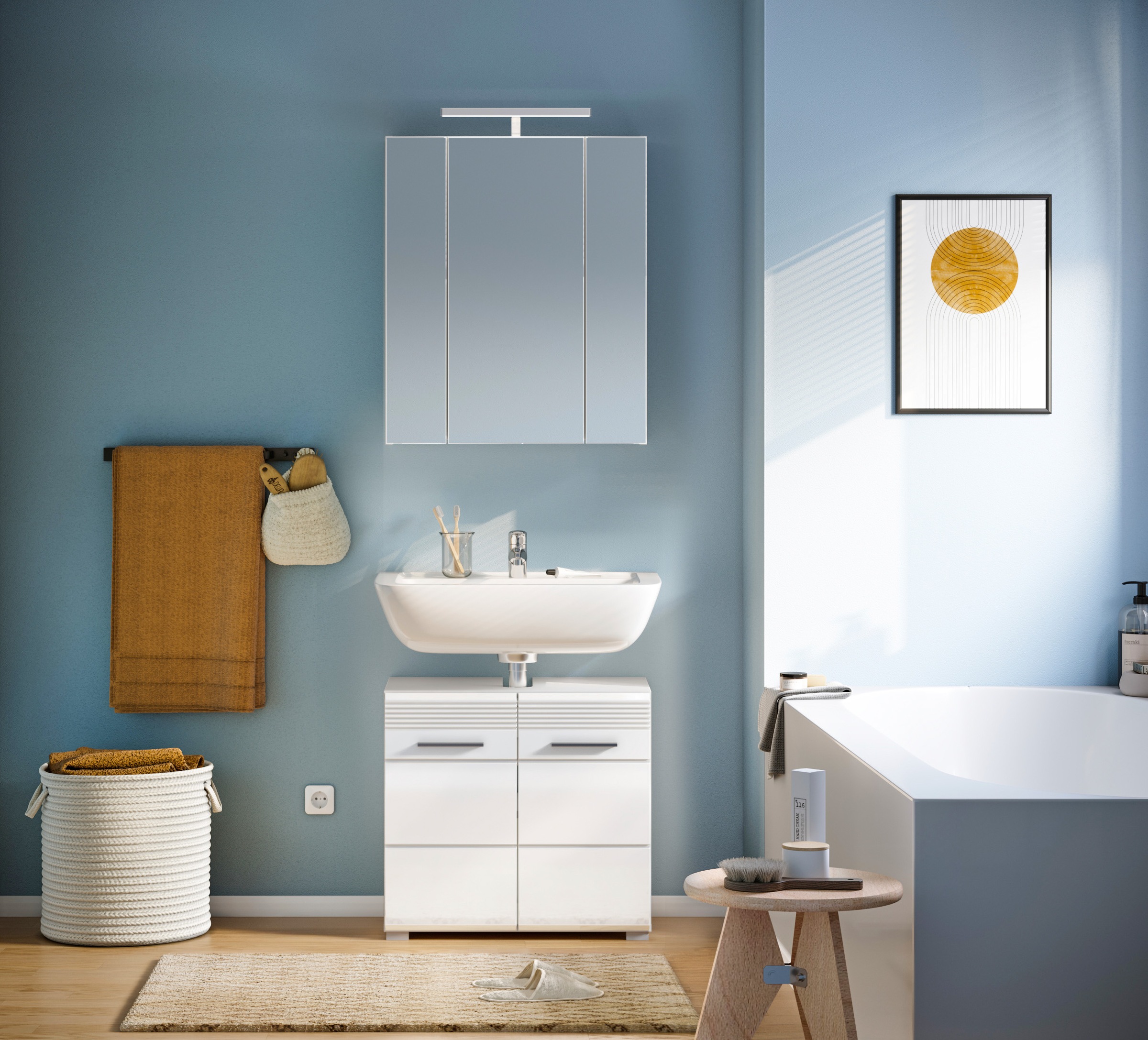 INOSIGN Badmöbel-Set »Malmö, 2 teilig, inklusive LED Beleuchtung, bestehend aus:«, (Set, 2 St.), Waschbeckenunterschrank, Spiegelschrank, LED Badaufsatzleuchte