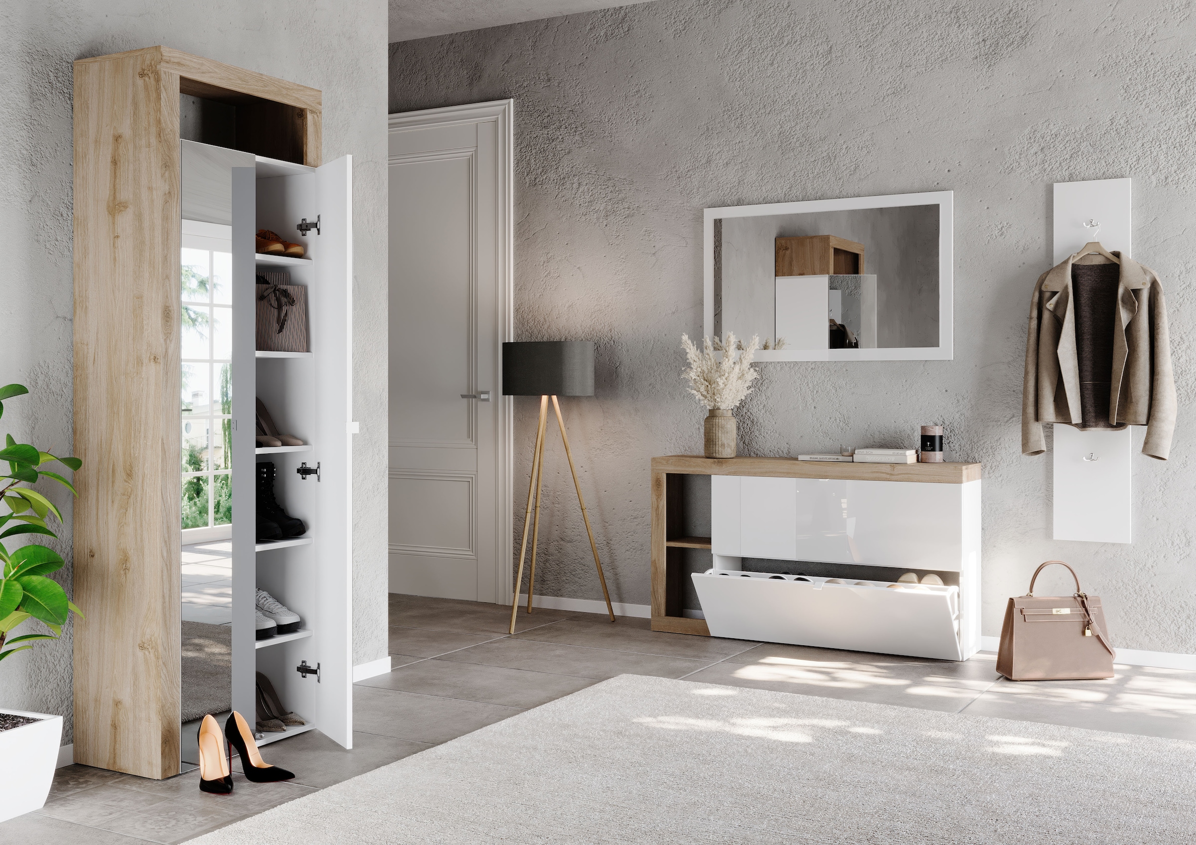 INOSIGN Schuhschrank »HAMBURG Höhe 195 cm, Hochschrank, 2 Spiegeltüren, dekorativer Rahmen,«, Schuhregal mit 6 Ebenen, Ablagefach, verstellbare Böden, Metallgriff