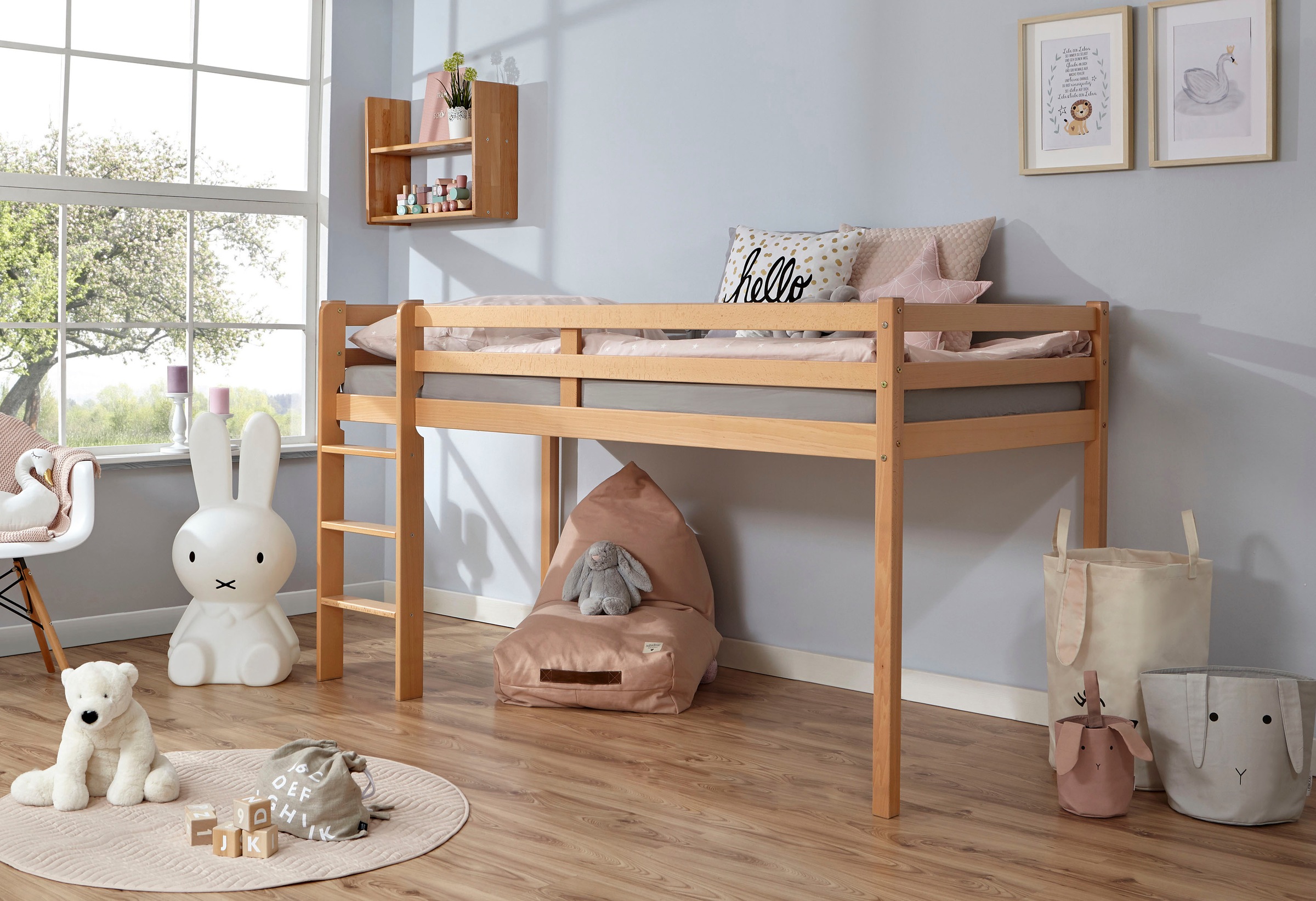 Ticaa Hochbett »Rene«, mit Rollrost wahlweise mit Matratze, Buche