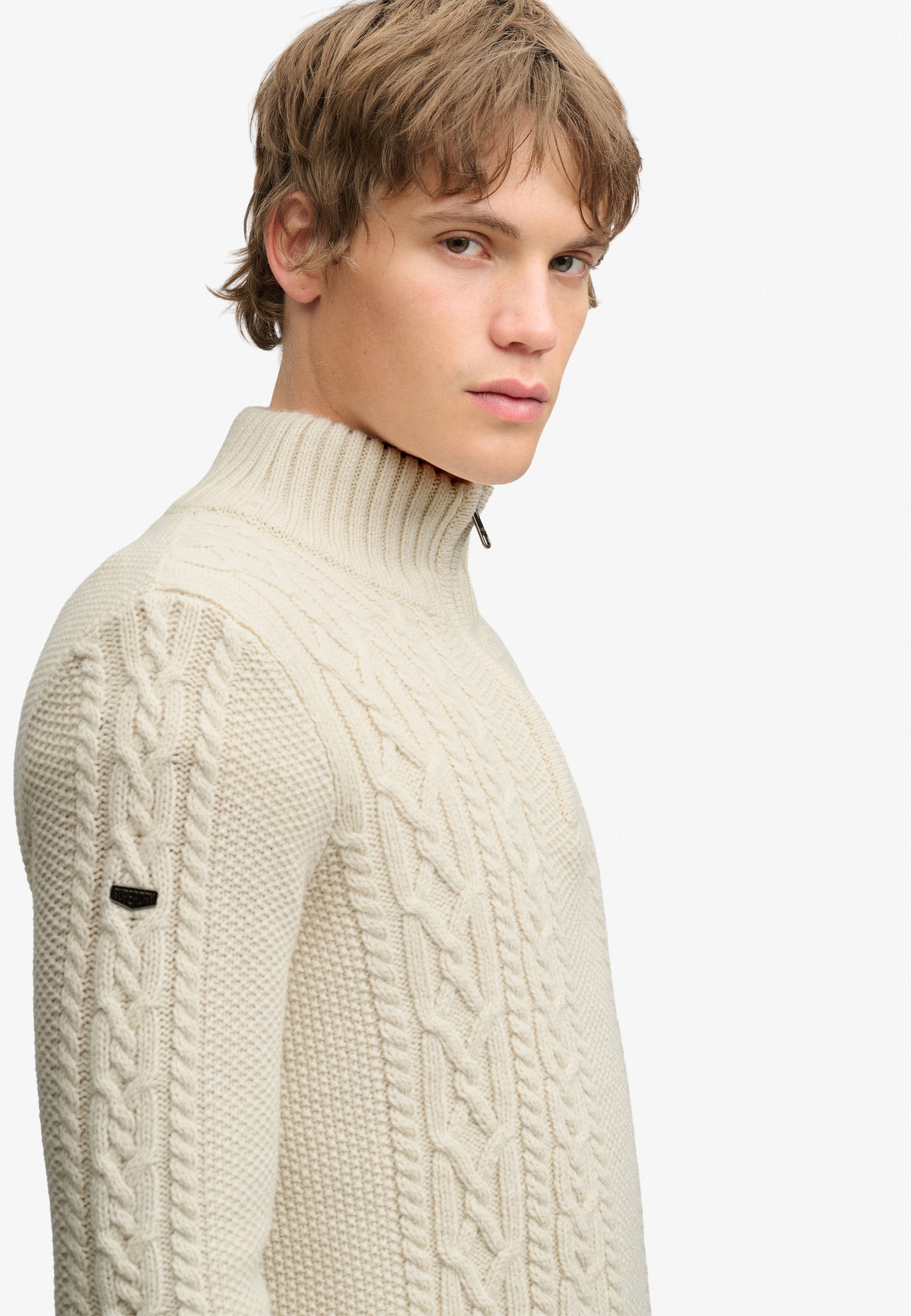Superdry Strickpullover »JACOB CABLE HALF ZIP KNIT« Materialmix, slim fit