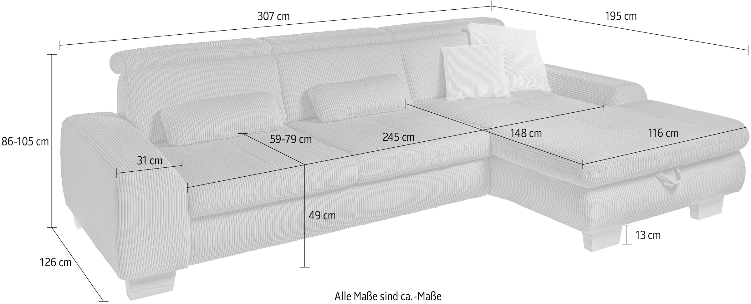 set one by Musterring Ecksofa »SO 3400«, mit Canape und verschiedenen Funktionen, Kaltschaum, B307 x T195 cm