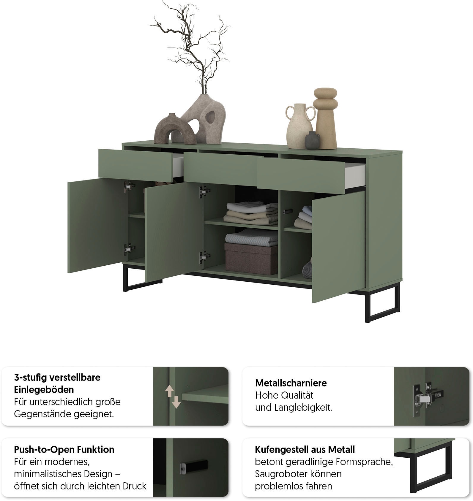 OTTO home Sideboard »Loft, Breite 157 cm, grifflose Kommode 3 Türen/3 Schubkästen.« Schubladenschrank mit viel Stauraum, Einlegeböden verstellbar