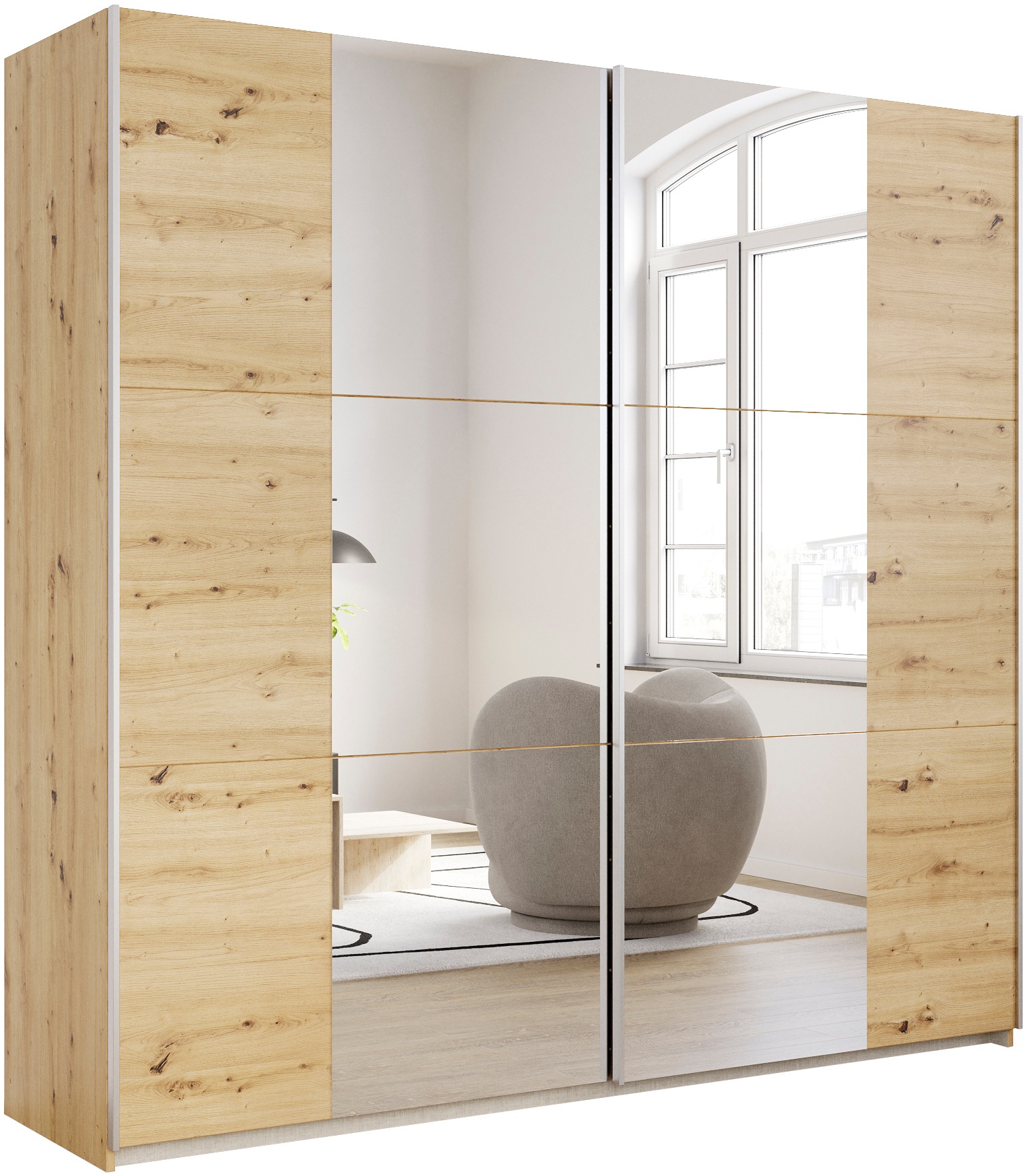 rauch Schwebetürenschrank "Kleiderschrank Drehtürenschrank Schrank Garderobe KRONACH" in 3 Ausstattungen BASIC/CLASSIC/PREMIUM, Breiten 131/175/218/261 cm, optional ohne, mit 1 oder 2 Spiegel, viel Stauraum MADE IN GERMANY