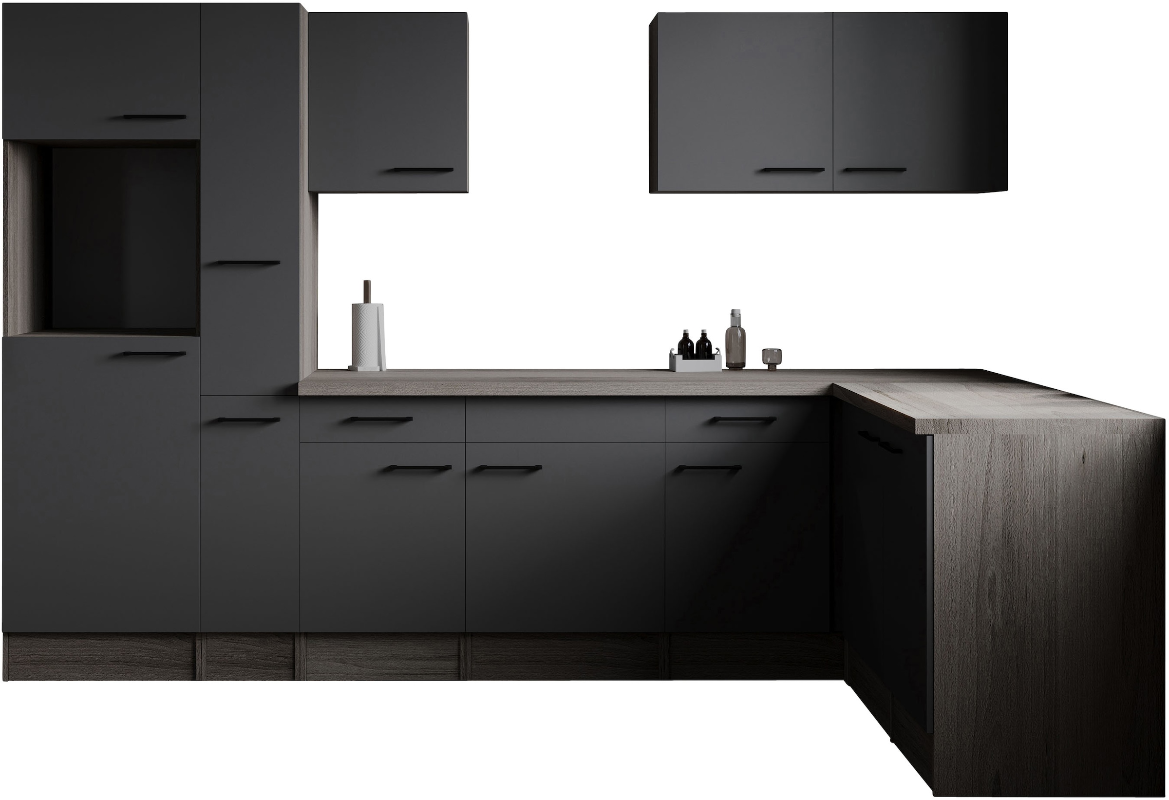 Winkelküche RESPEKTA, B:310cm H:205cm T:172cmküche: grau, front: grau matt, korpus: eiche york nachbildung, arbeitsplatte: eiche york nachbildung,