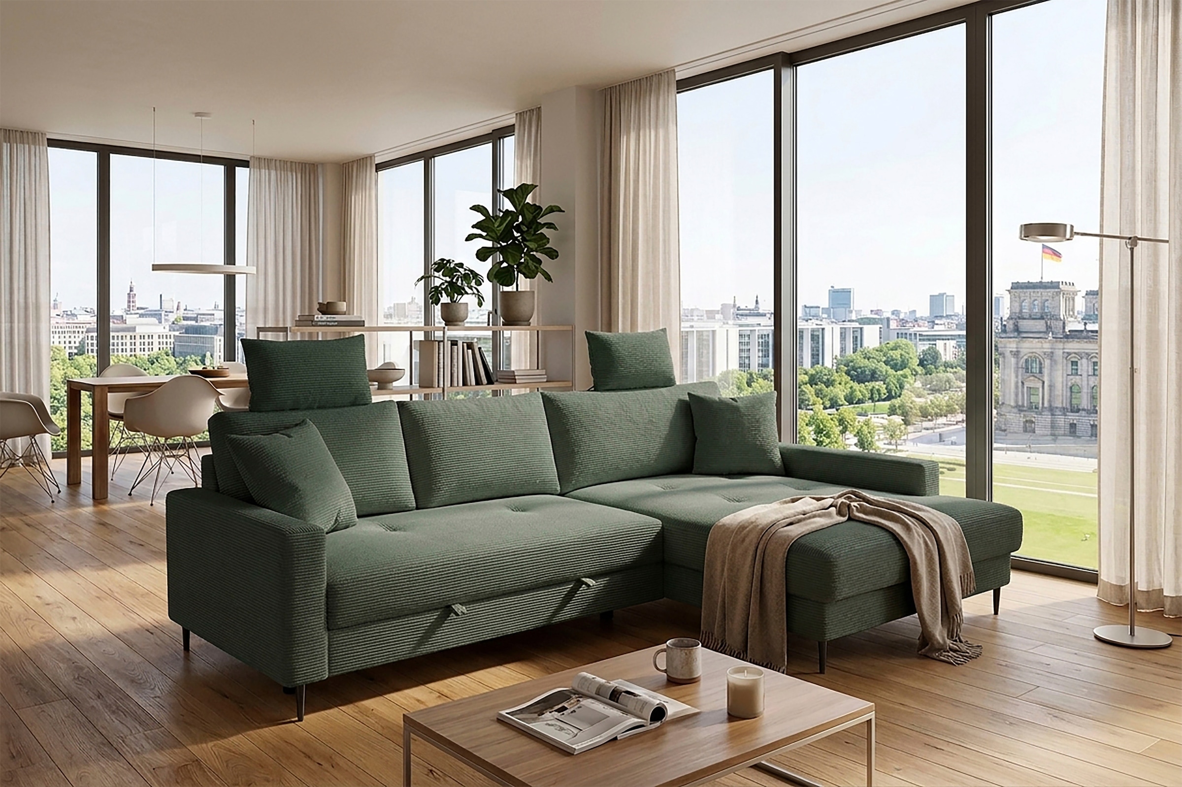 Trends by HG Ecksofa "Summer L-Form, B: 284 cm, Schlaffunktion, 2 Zierkissen" mit Kopfstützen, Wellenfederung, frei stellbar