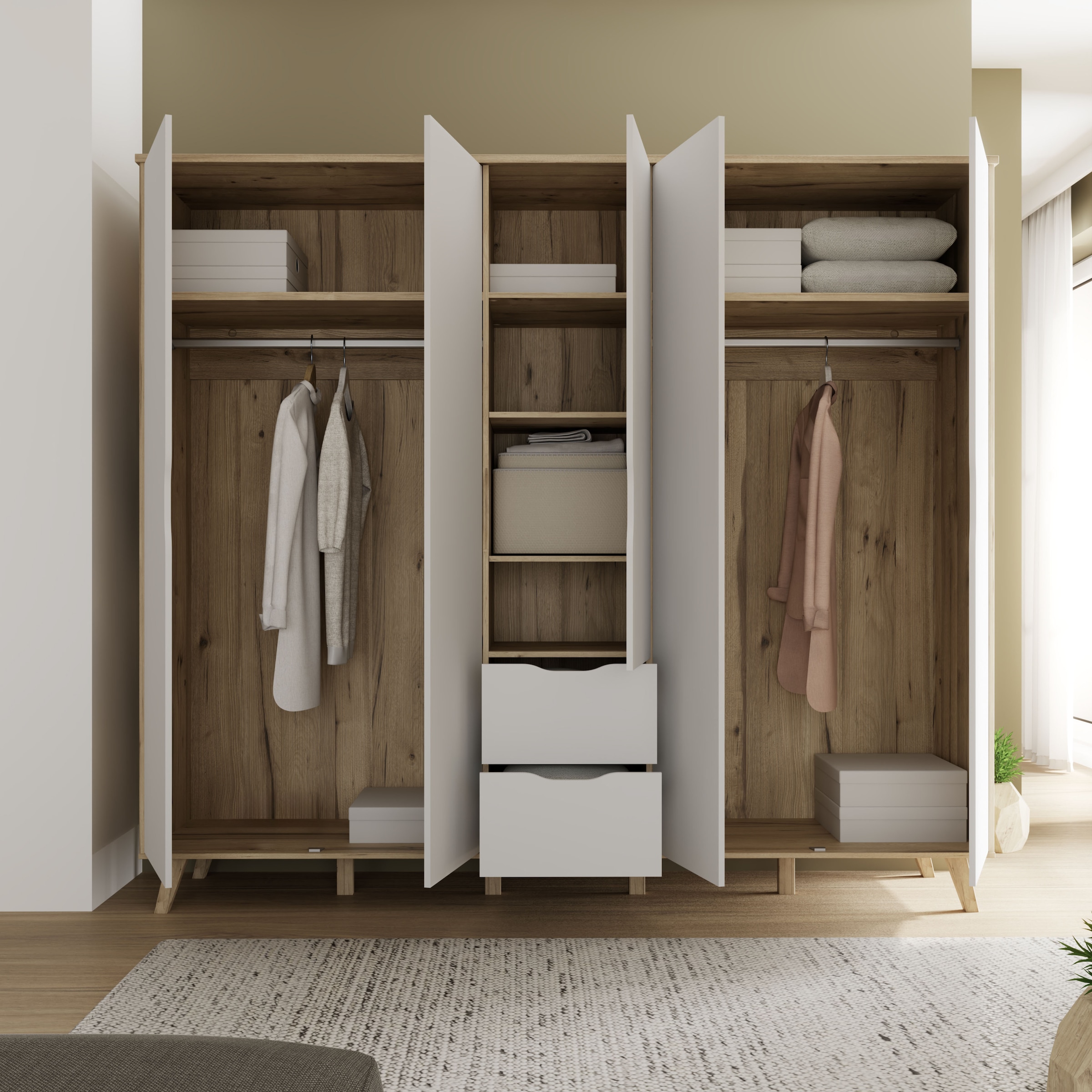 FORTE Kleiderschrank »Vankka, Drehtürenschrank, Viel Stauraum, skandinavischer Stil« Made in Europe, mit Einlegeböden+Kleiderstangen+Schubladen,grifflos