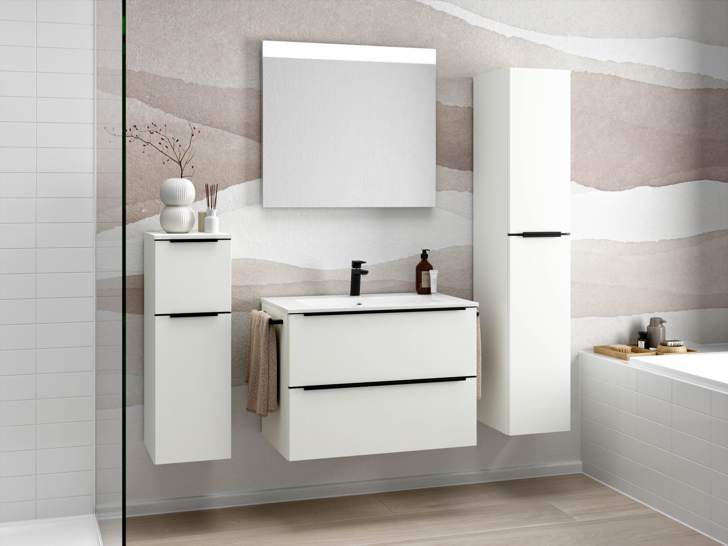 nobilia® Badmöbel-Set »Levere«, (4 St., vormontiert, mit Soft-Close), inkl. Spiegel mit Touch-Sensor, in vier Breiten