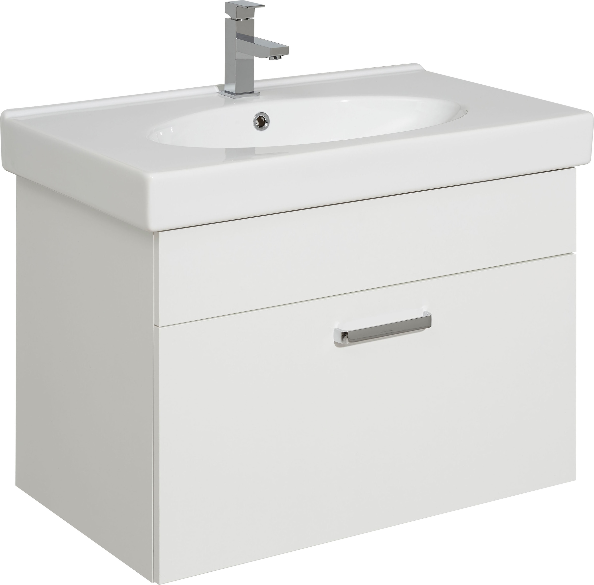 Saphir Badmöbel-Set »Quickset 3-teilig, Keramik-Waschtisch mit LED-Spiegelschrank, Bad-Set«, (4 St.), mit Hochschrank, 5 Türen, 2 Schubladen, Waschplatz inkl. Türdämpfer