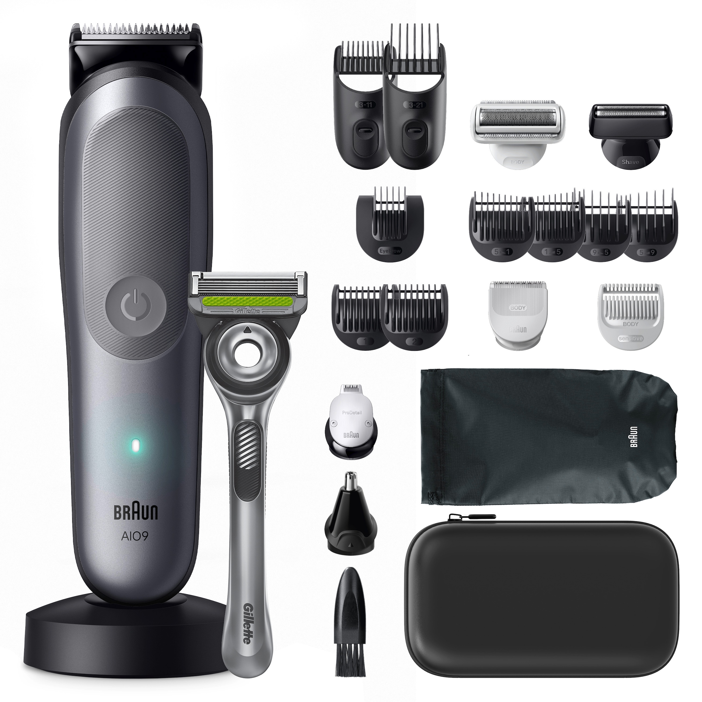 Braun Haarschneider »Series 9 AIO9540« 16 Aufsätze 20-in-1, BodyGentle Modus, 120 Min Akku, Gillette Labs Rasierer, Grau