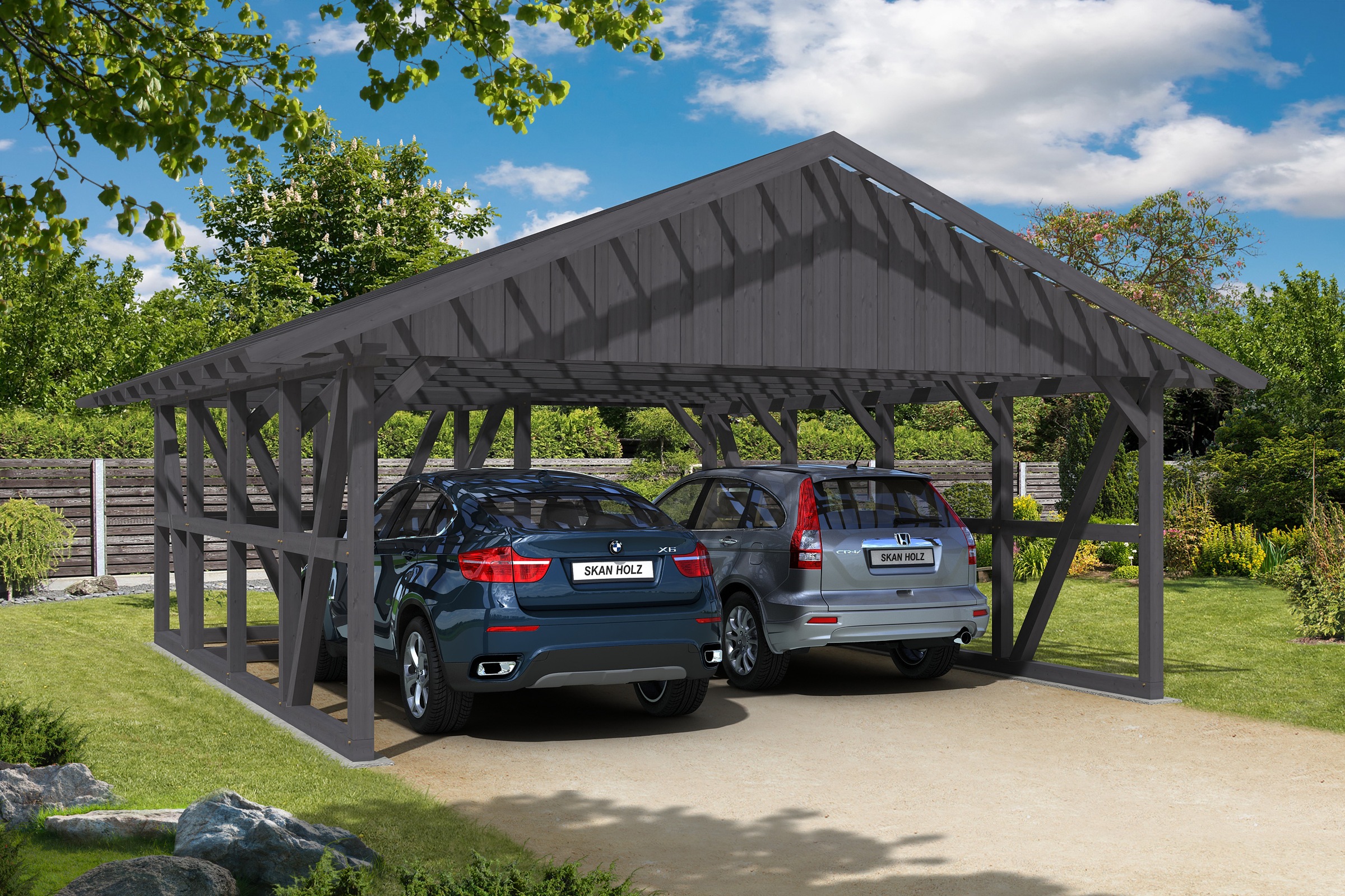 Skanholz Doppelcarport »Schwarzwald«, 560 cm, Schiefergrau, mit Abstellraum 1, mit Dachlattung
