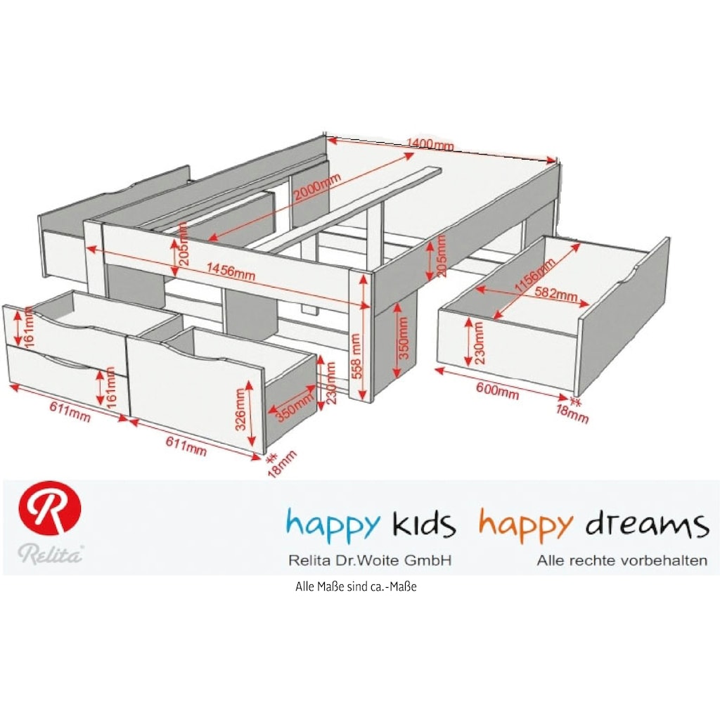 Relita Stauraumbett, mit pflegeleichter Oberfläche, Schubladen, 2 Breiten, 2 Dekorfarben
