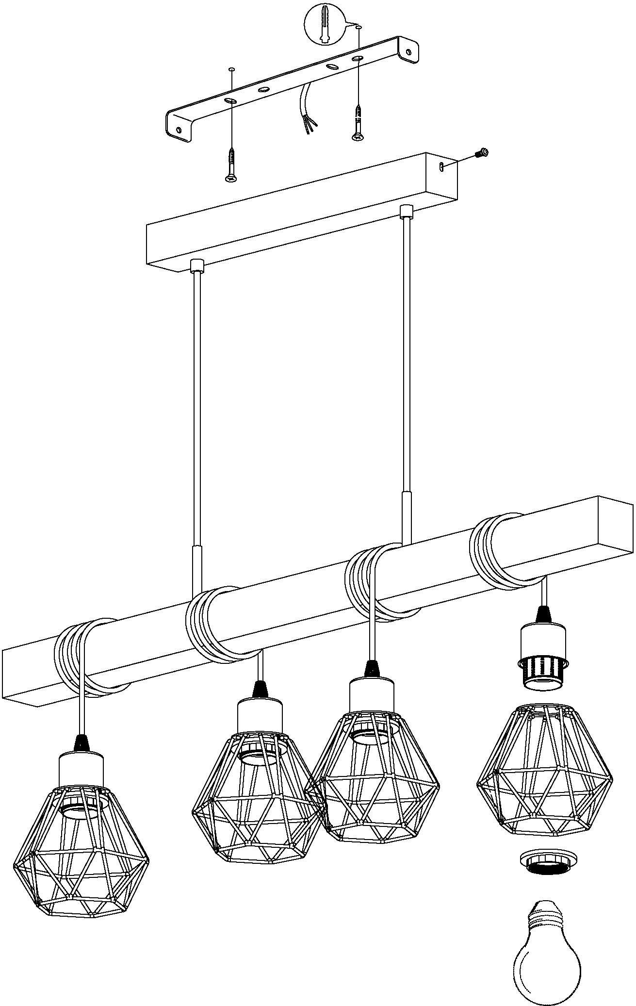 EGLO Pendelleuchte »TOWNSHEND 5«, 4 flammig, Leuchtmittel E27 | ohne Leuchtmittel, schwarz / L70 x H110 x B20 cm / Hängelampe aus Holz und Metall / Retro