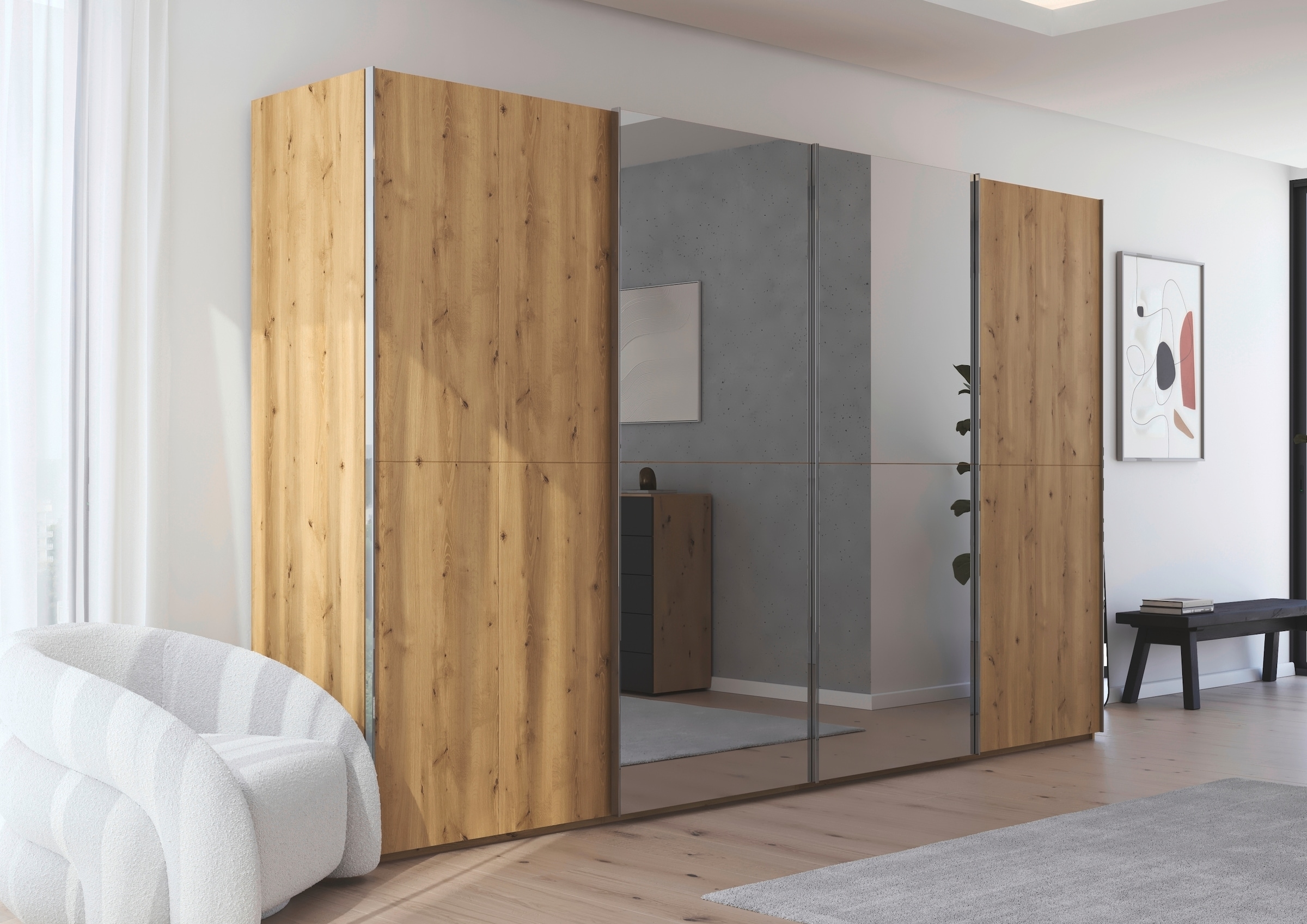 rauch Schwebetürenschrank »Kleiderschrank Schrank Garderobe Schlafzimmerschrank SCALE-WOOD«, edle geteilte Front in massiver Asteiche mit Spiegel MADE IN GERMANY