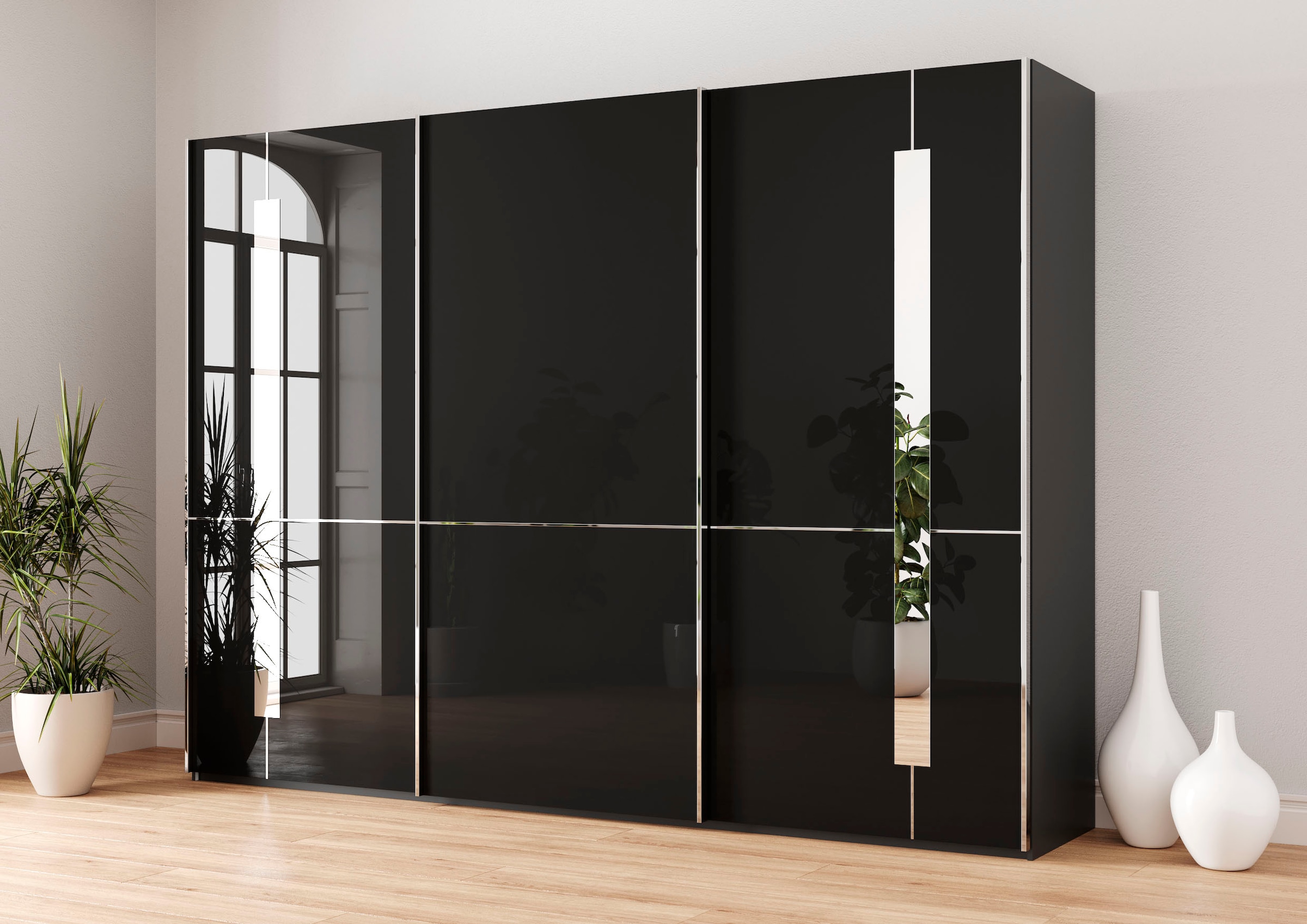 Musterring Schwebetürenschrank "Imola W" inkl. Einlegeböden und Kleiderstangen, mit Glastüren inkl. Zierspiegel