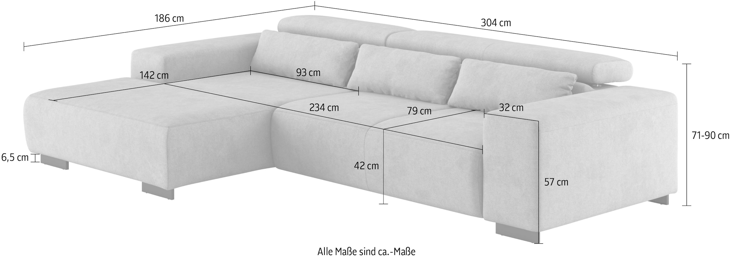 COTTA Ecksofa »Side L-Form, mit Kopfteilverstellung & 3 Nierenkissen«, optional motorische Sitztiefenverstellung