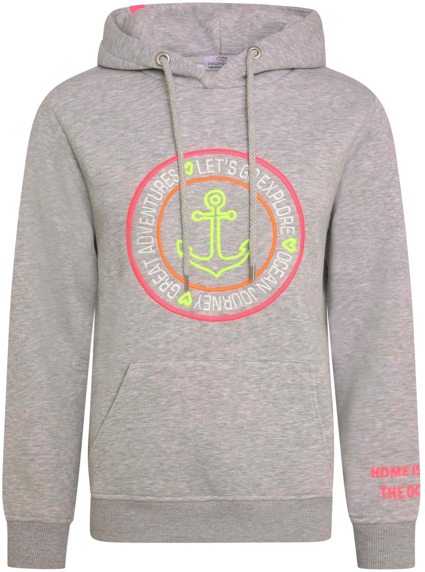 Zwillingsherz Kapuzensweatshirt, mit Ankeraufstick und neonfarbenen Details