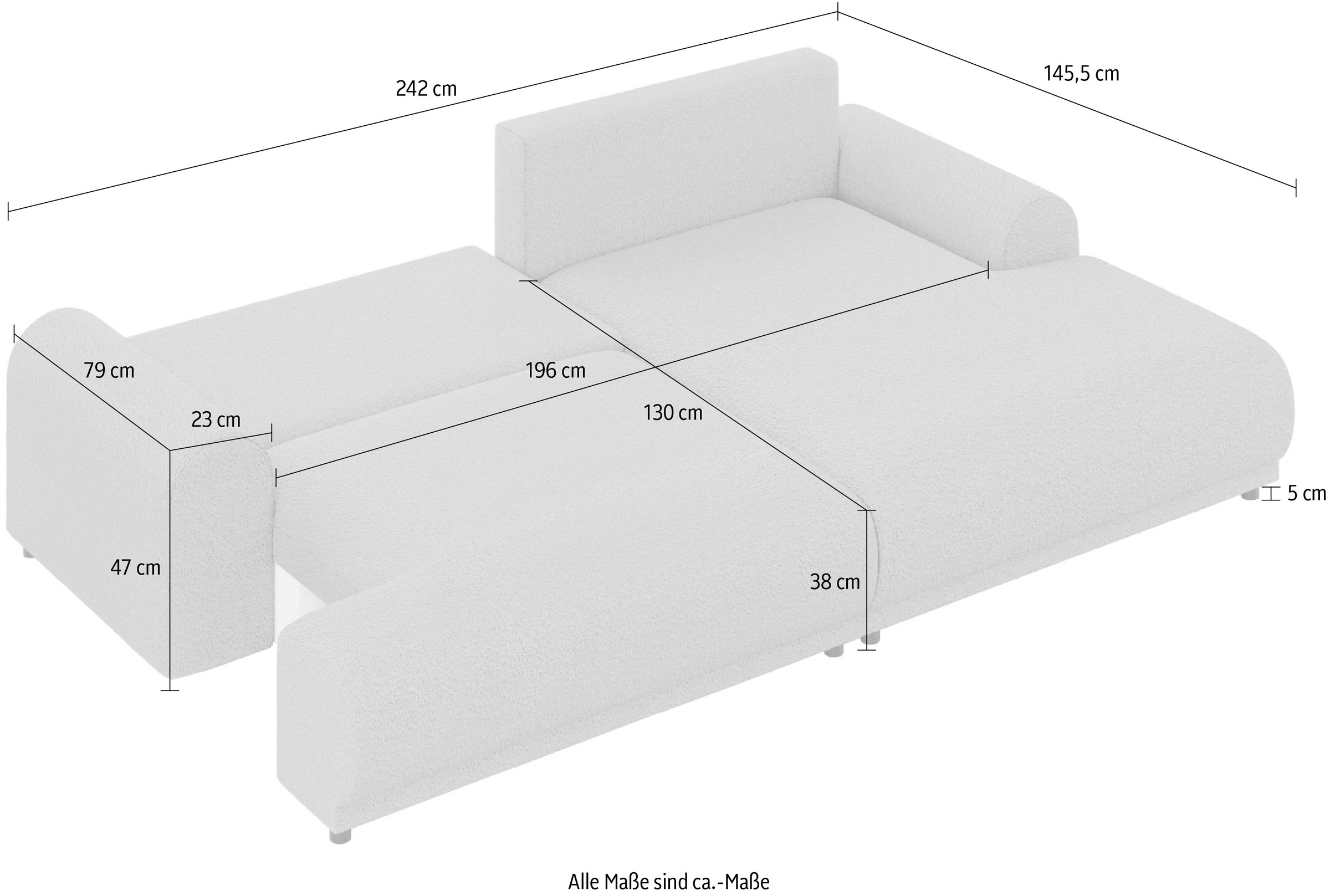 INOSIGN Ecksofa »Marsby, mit Bettfunktion und Bettkasten, Maße: B/H/T 242/65/145 cm«, L-Form mit Wellenunterfederung, Recamiere links oder rechts bestellbar