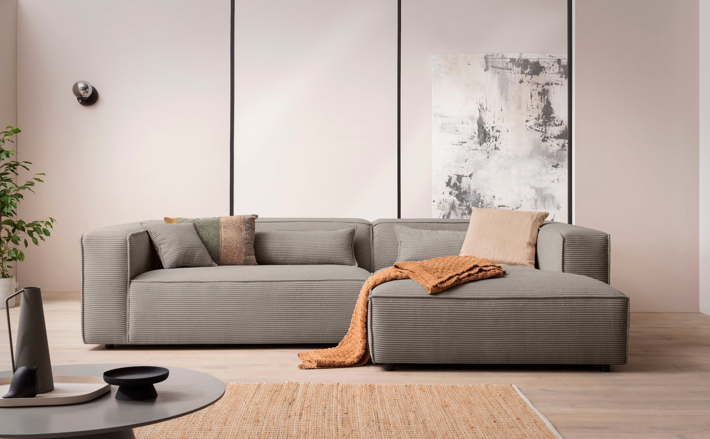LeGer Home by Lena Gercke Ecksofa »PIARA XXL, Big-Sofa in Cord oder Leinenoptik, L-Form, mit Kedernaht«, wahlweise Ottomane rechts/links, schwarze Füße, bequemer Sitzkomfort