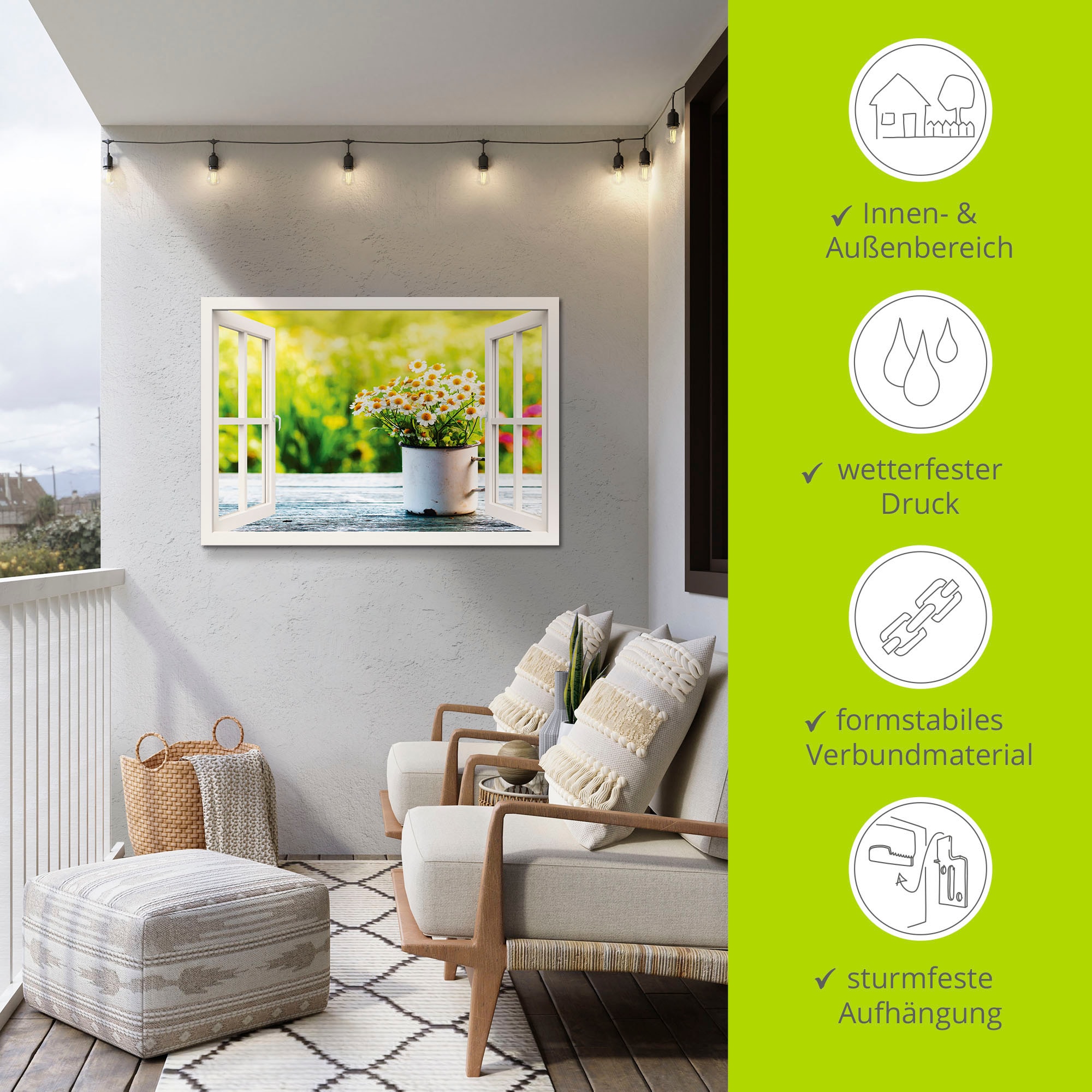 Artland Wandbild »Fensterblick Garten mit Gänseblümchen«, Blumen, (1 St.), als Alubild, Outdoorbild, Leinwandbild, Wandaufkleber, versch. Größen