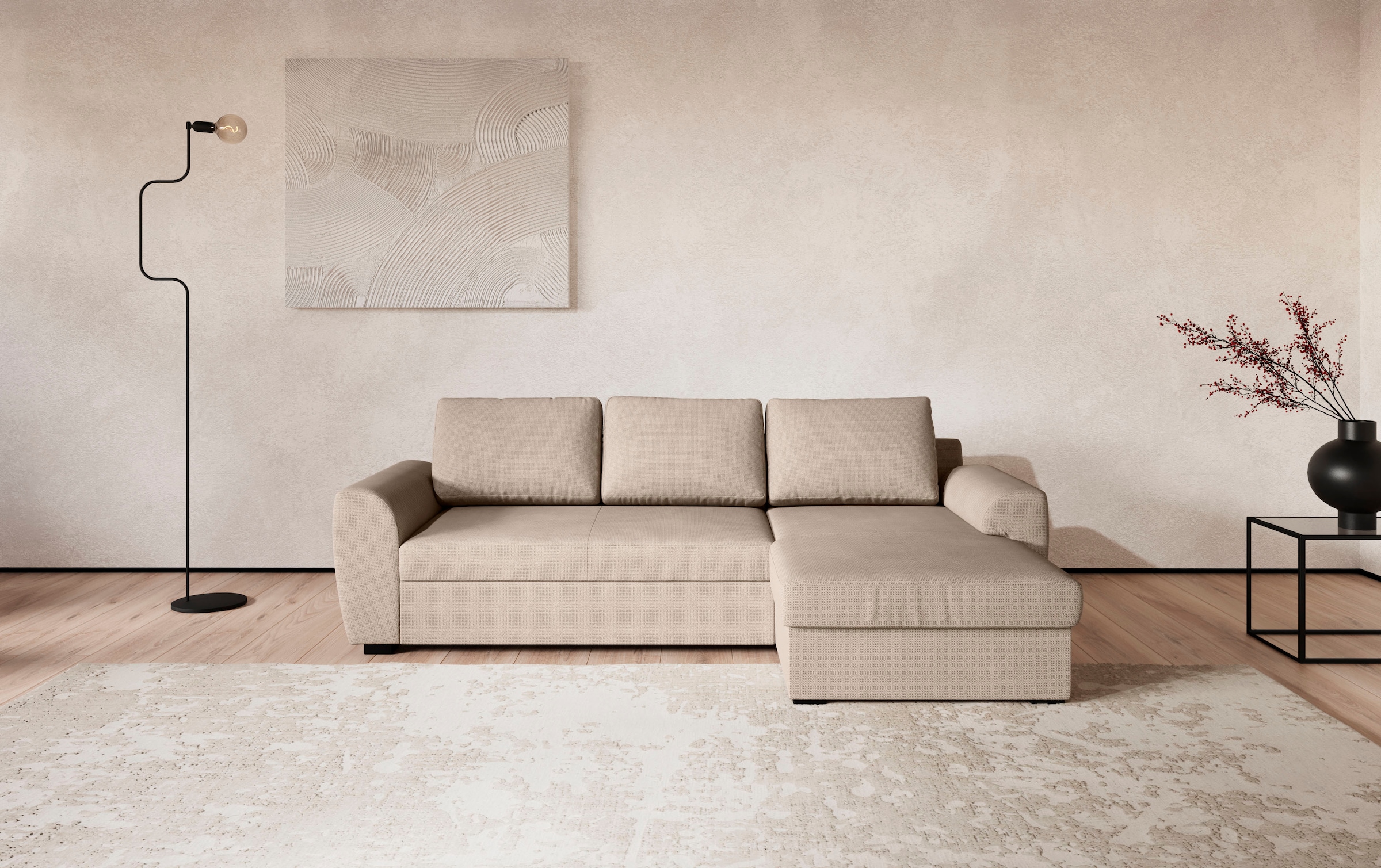 COTTA Ecksofa "Drift L-Form mit Recamiere, B: 253 cm" optional auch mit Schlaffunktion, Wellenunterfederung