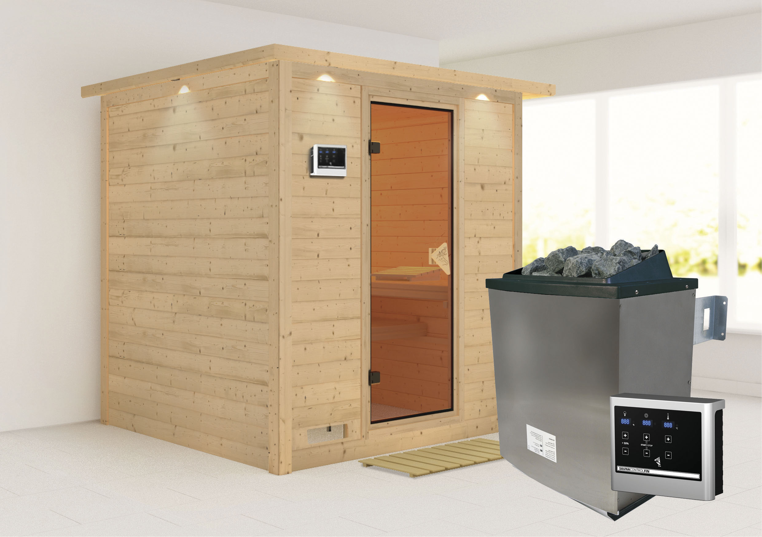 Karibu Sauna "Menja" Set, Ofen 9 KW externe Strg easy