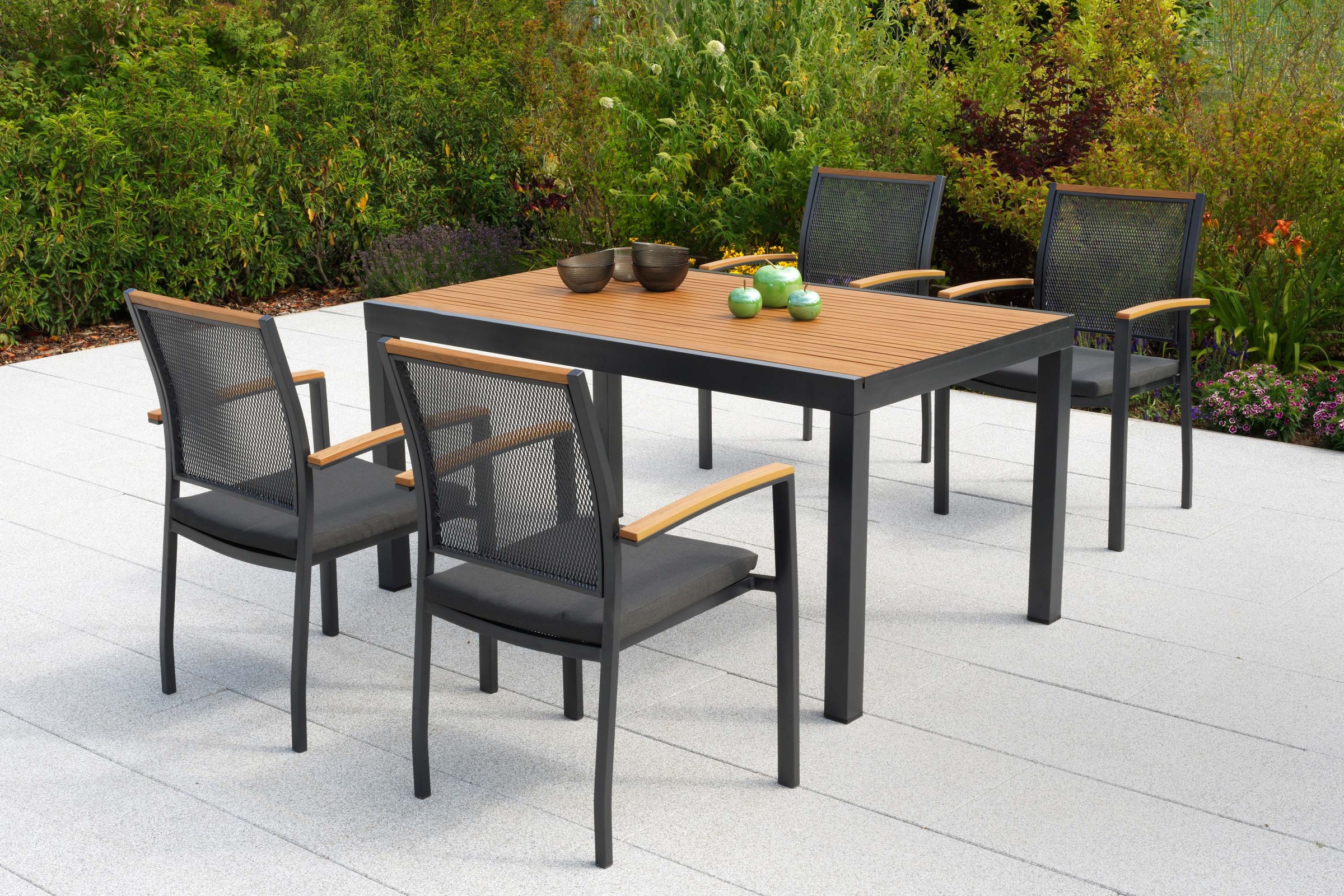 MERXX Garten-Essgruppe »Itanos« Set, 9 tlg. inkl. 4 Stapelsessel, 4 Auflagen, 1 Tisch