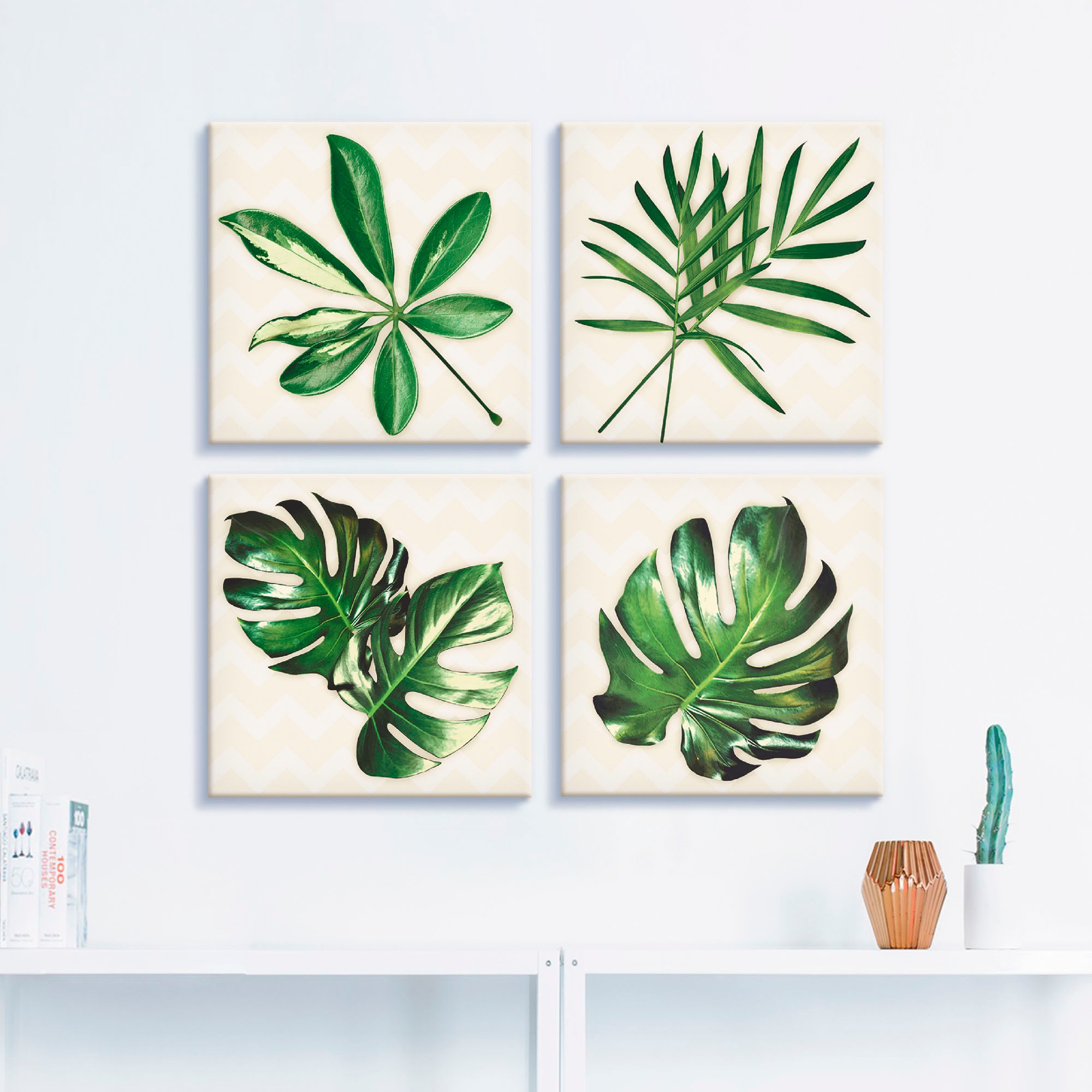 Artland Leinwandbild "Blätter mit Muster" Blätter 4 Stk. tlg. 4er Set, verschiedene Größen