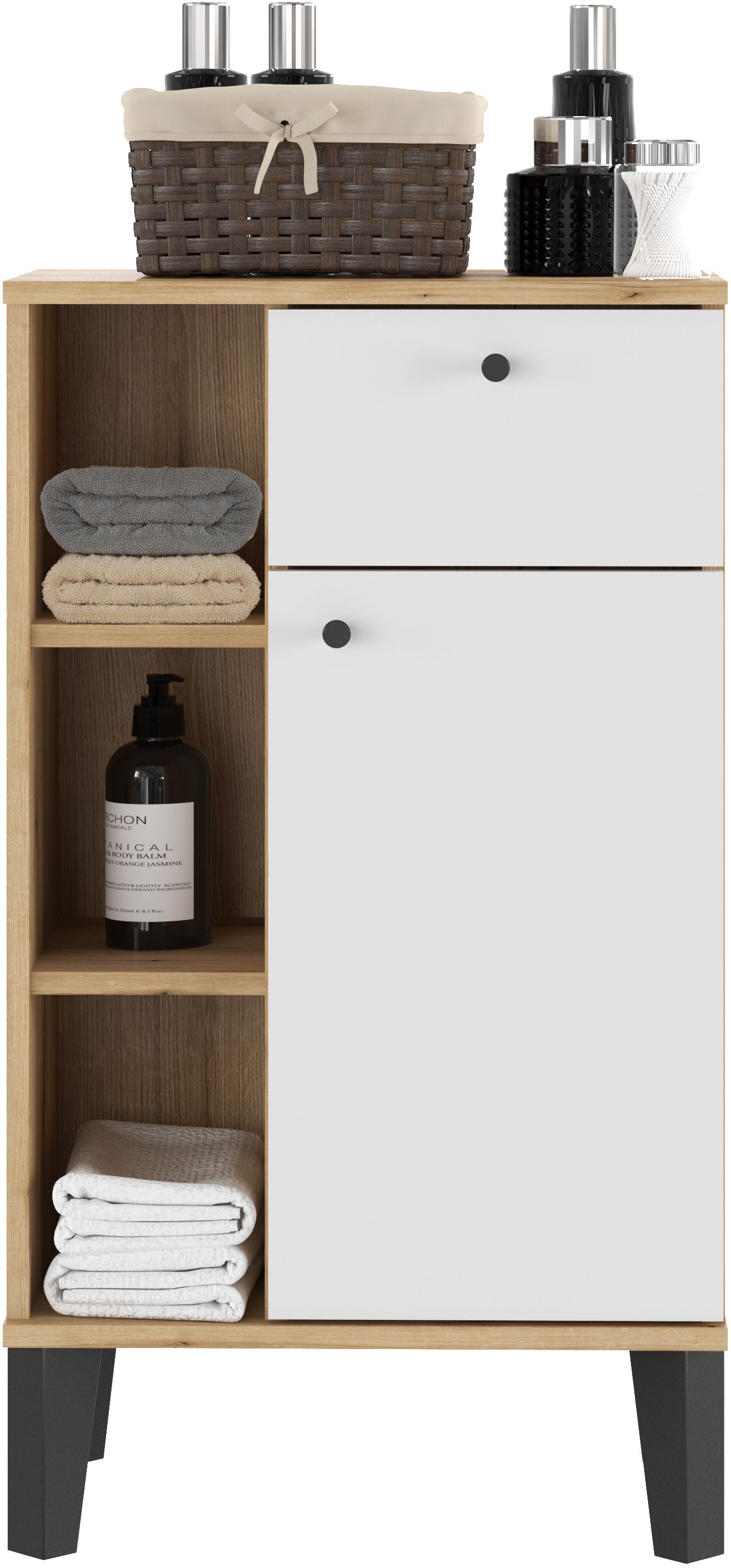 INOSIGN Midischrank »Oslo, Badschrank mit Knopfgriff, Schrank im skandinavischen Design«, in der Türfarbe Weiß oder Grau verfügbar, ausreichend Stauraum