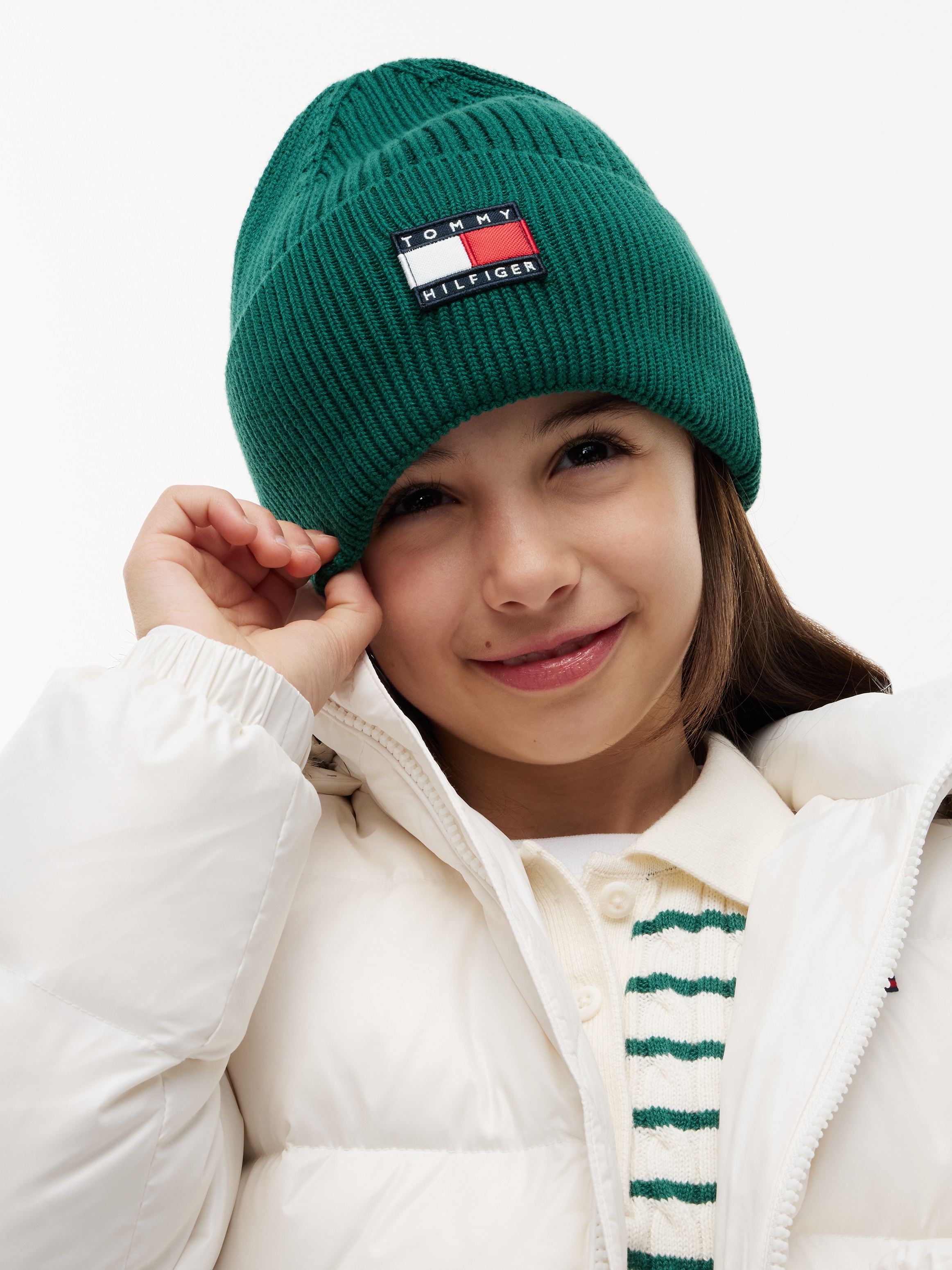 "Beanie TOMMY HILFIGER ""HERITAGE FLAG BEANIE"", Jungen, Gr. L/XL, grün (rural grün), Strick, Baumwolle, unifarben, Mützen Beanie, Regular fit mit