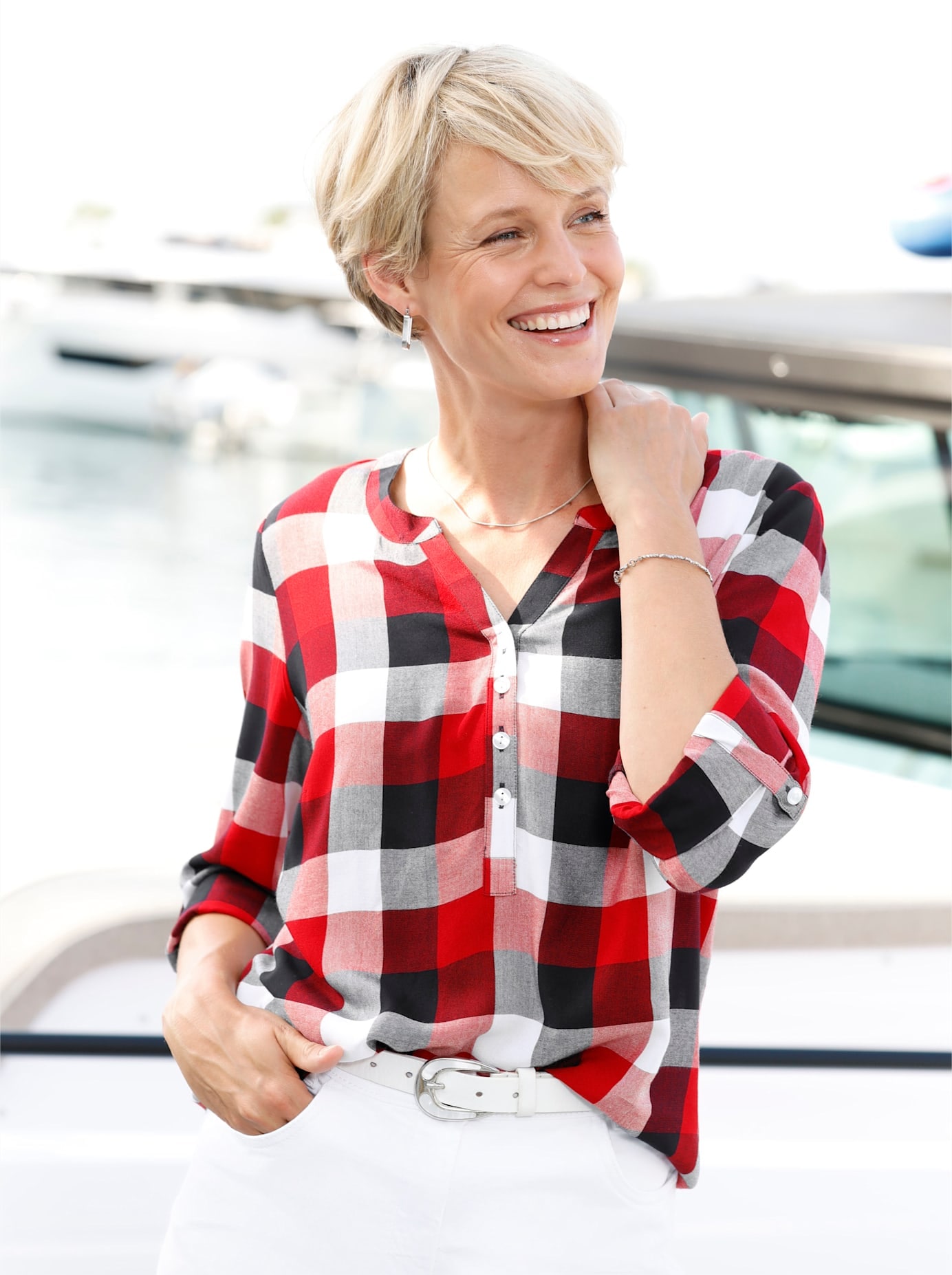 Karobluse CLASSIC BASICS, Damen, Gr. 42, rot, marine, kariert, 100% Viskose, gemustert, kariert, mehrfarbig, Rundhals, Blusen Karobluse