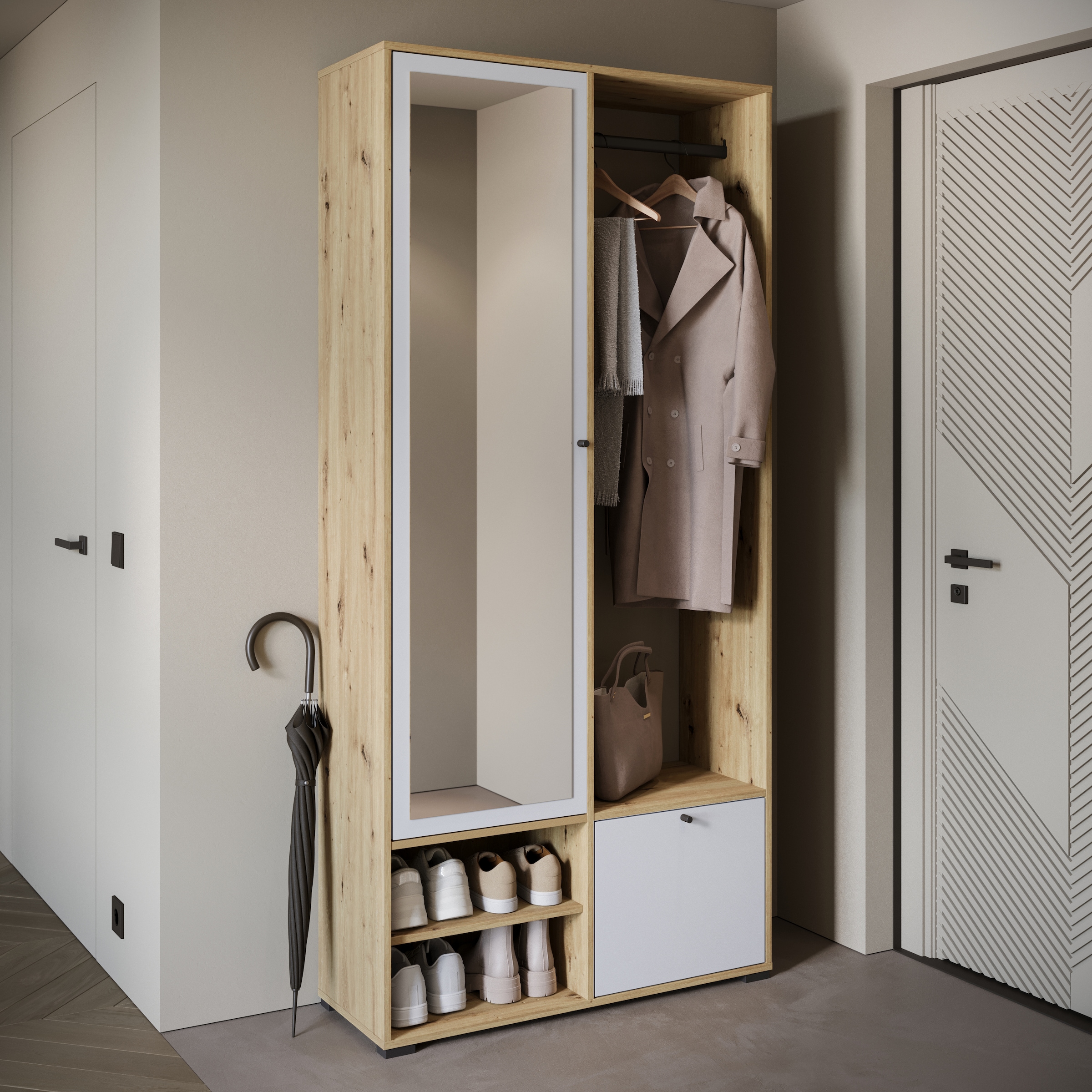 INOSIGN Garderobenschrank »DINO Kompaktgarderobe, Garderoben-Set DINO«, Mit Spiegel und Kleiderstange, 90 cm breit, Türanschlag wechselbar