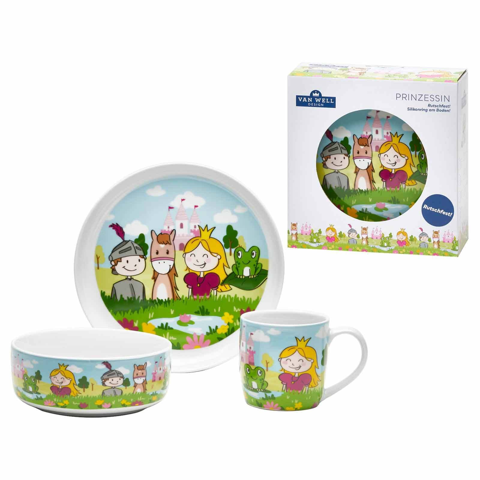 van Well Kindergeschirr-Set "Kindergeschirr Set Prinzessin 3er Set bunt" Spülmaschinengeeignet, Mikrowellenfest