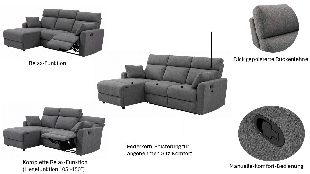 OTTO home Ecksofa »JENNA, L-Form,  236cm, manuelle u. elektrische Funktion, mit USB A/C,« Liegefunktion 105°-150°, Federkern, in Struktur fein oder Cord-Bezug