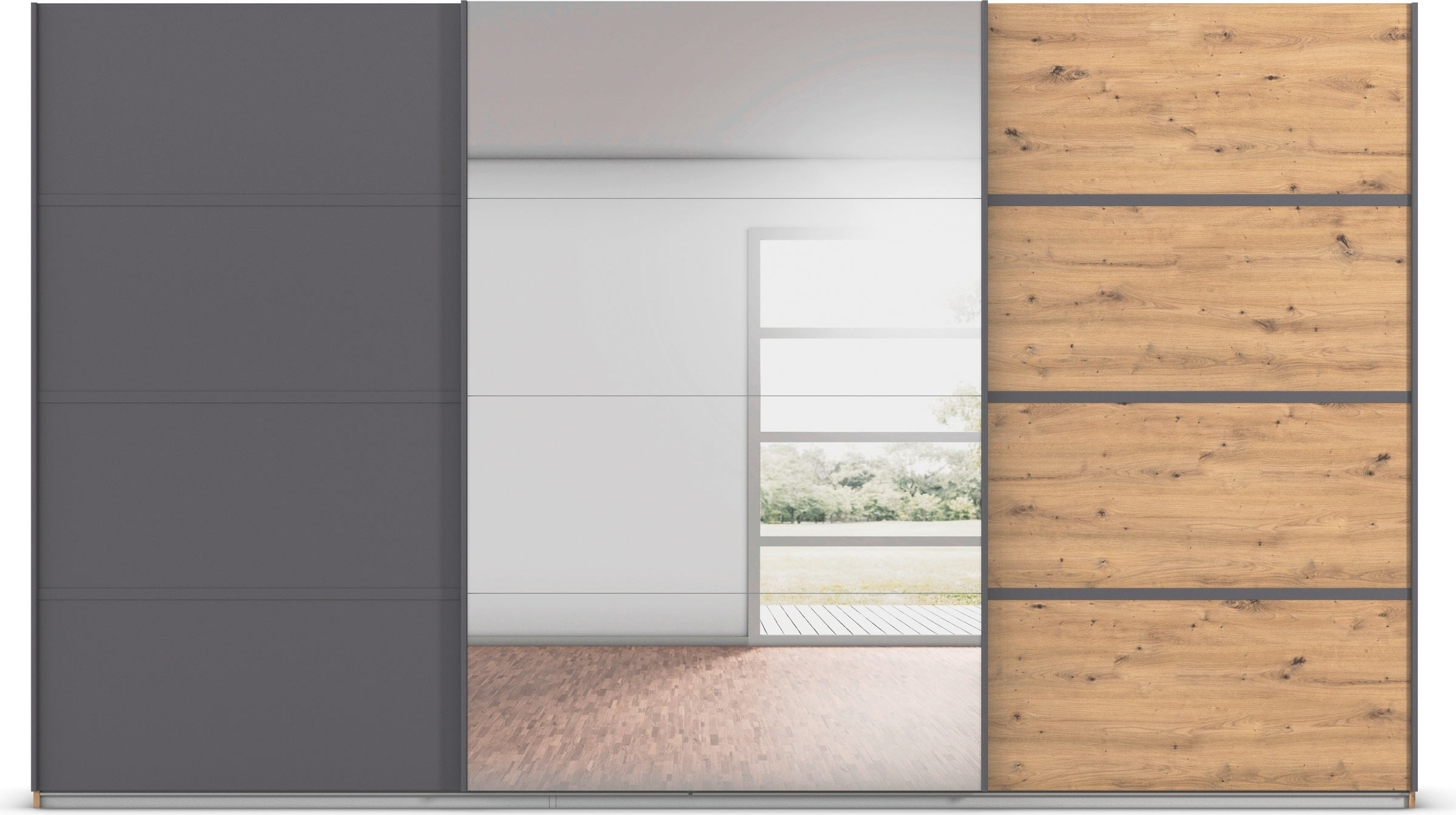 rauch Kleiderschrank »Schwebetürenschrank OTTO´s Choice Garderobe Schrank TOP ANGEBOT Avola«, (in 3 verschiedenen Ausstattungen BASIC/CLASSIC/PREMIUM inkl. Spiegel), mit eleganten Zierleisten in Chrom, Schwarz oder Weiß MADE IN GERMANY