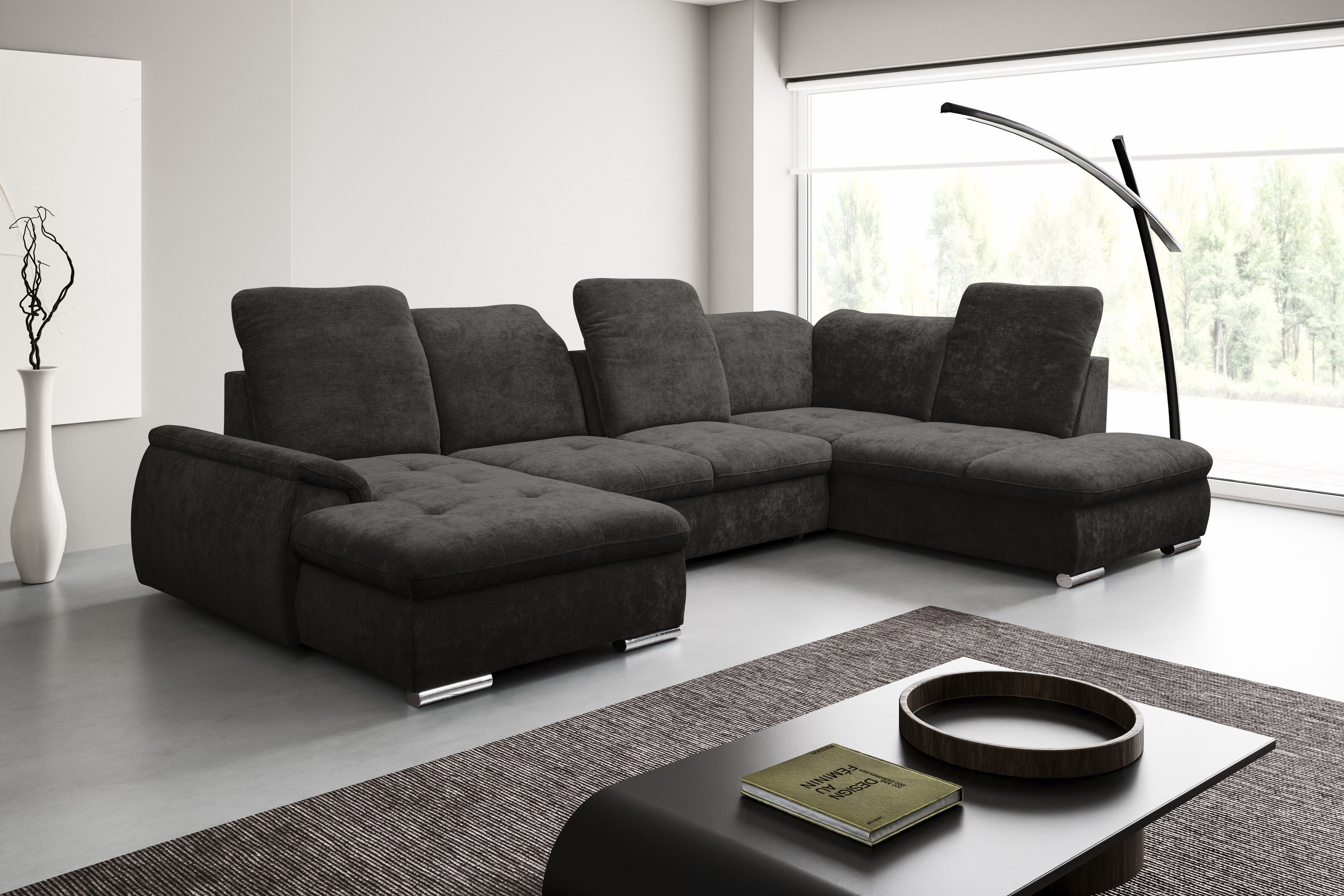 WERK2 Wohnlandschaft "Pula 356 x 237 cm modern und bequem" U-Form, XXL, Schlaffunktion, Bettkasten, verstellbare Kopfteile
