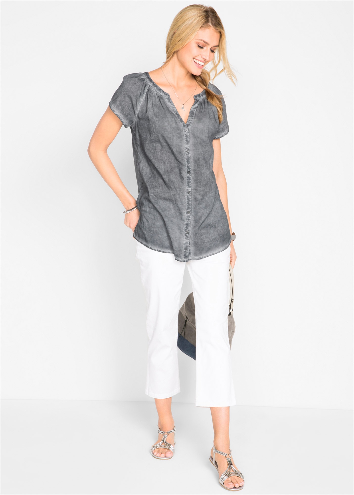 bonprix Kurzarmbluse Kurzarmbluse aus reiner Baumwolle