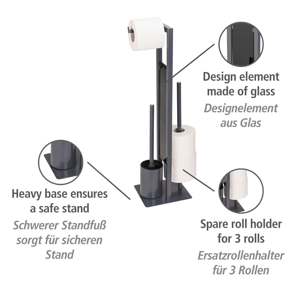 WENKO WC-Garnitur »Rivalta«, aus Stahl-Glas-Polypropylen, grau, Platte aus Sicherheitsglas