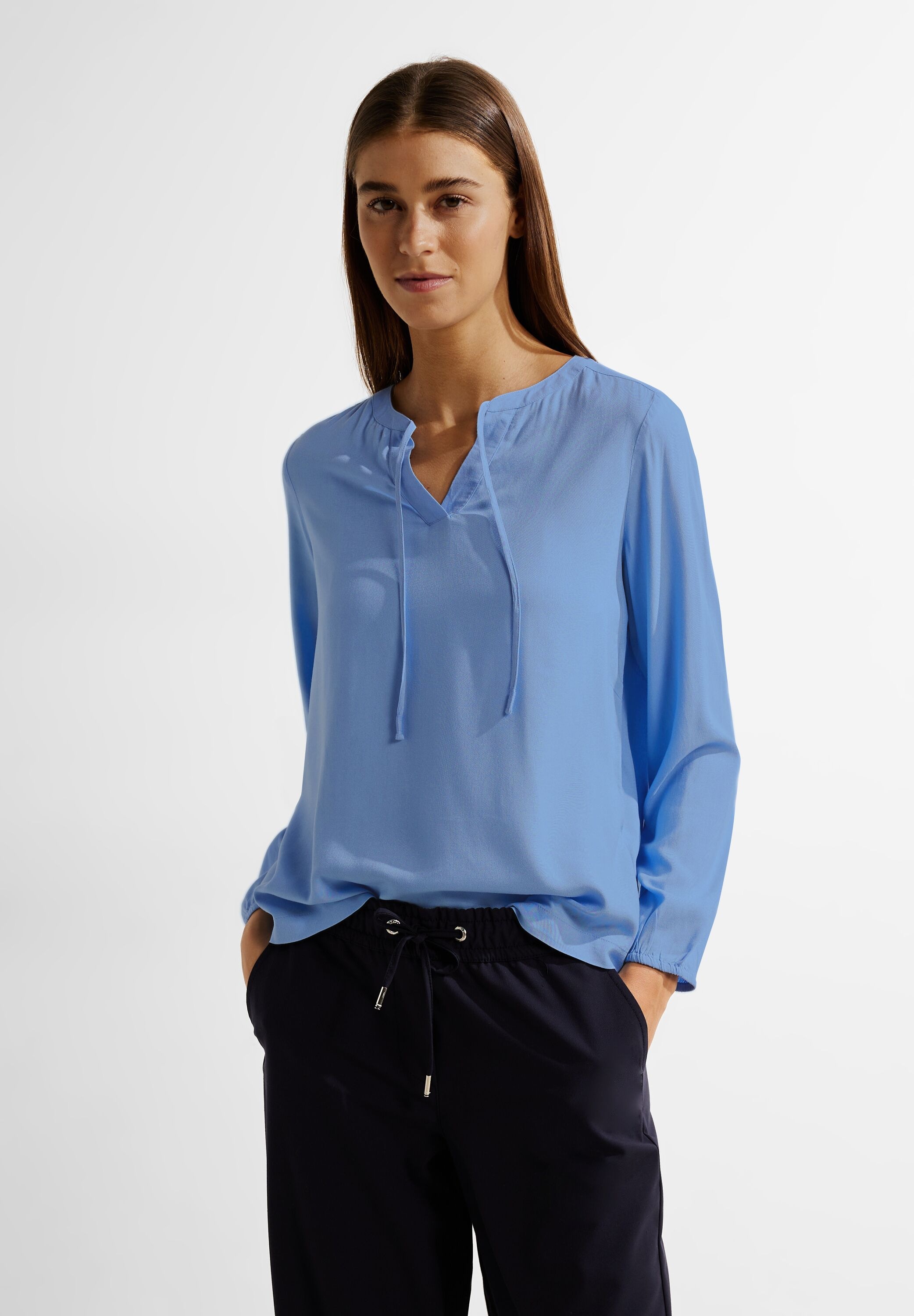 Cecil Langarmbluse »Solid Blouse«, Geschlitzter BAUR Bindeband Rundhalsausschnitt mit bestellen 