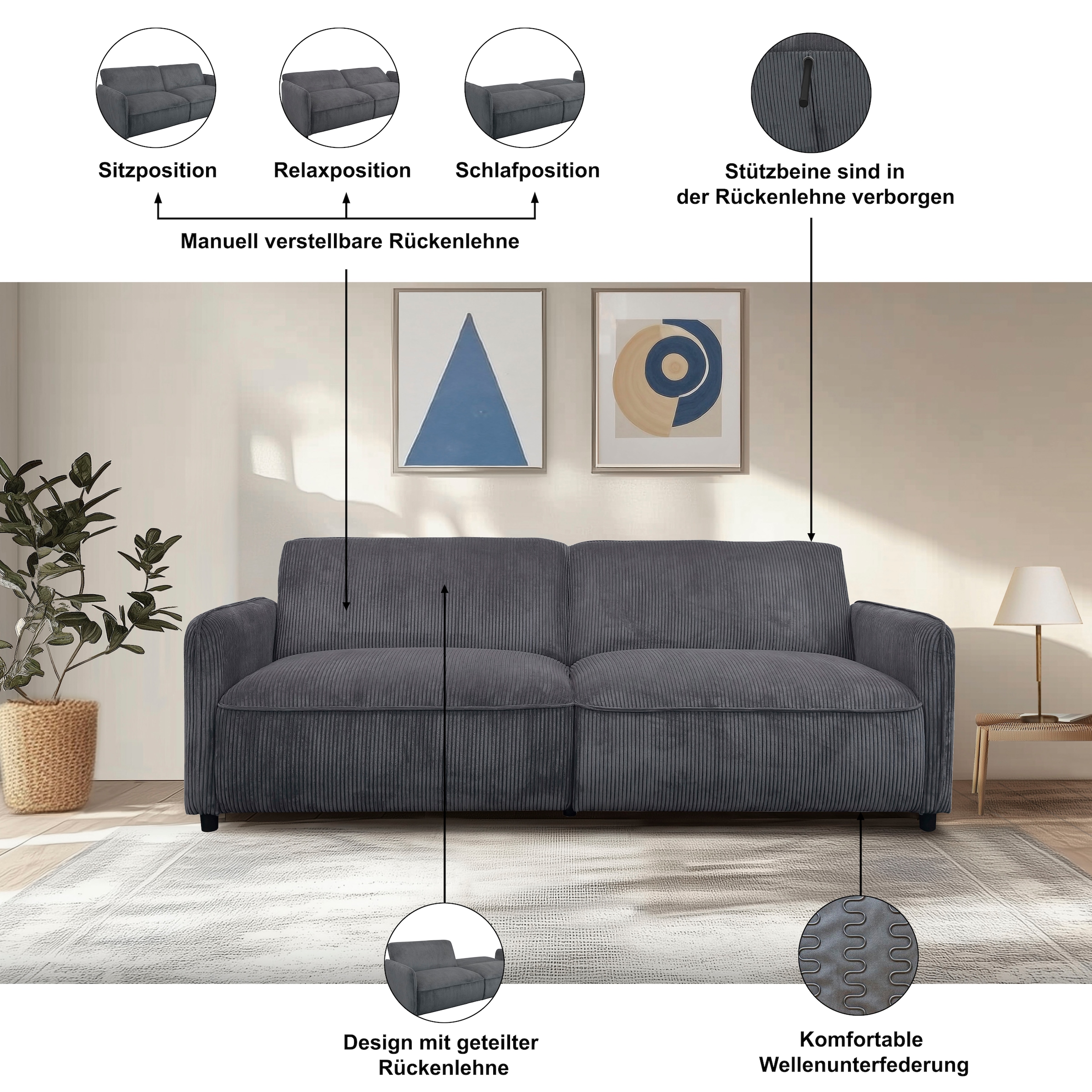 Dorel Home 3-Sitzer »Allie Curved Schlafsofa 209 cm« Bettfunktion (110/190), verstellbare Rückenlehne, Cord u. Velours