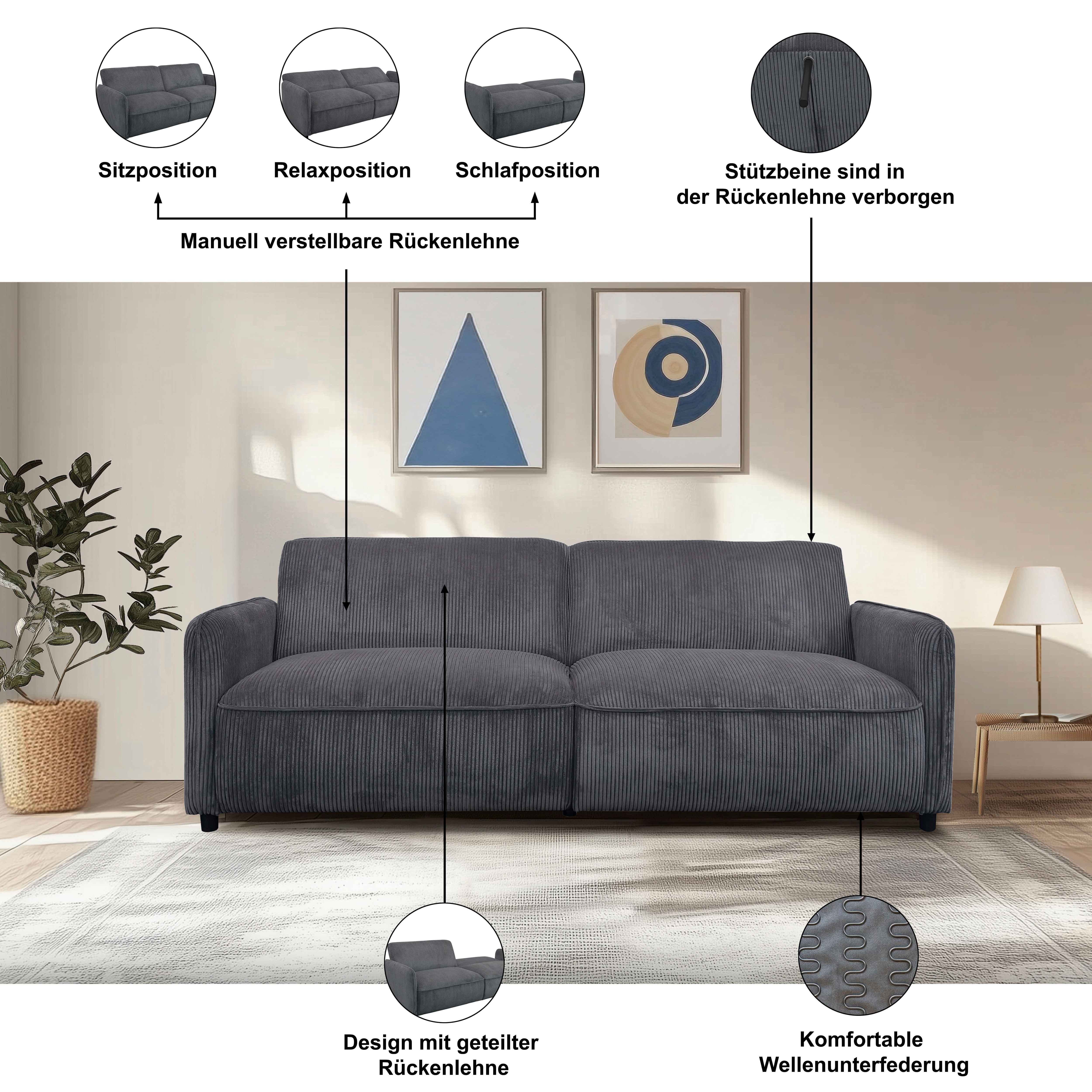 Thumbnail - Dorel Home 3-Sitzer "Allie Curved Schlafsofa 209 cm" Bettfunktion (110/190), verstellbare Rückenlehne, Cord u. Velours