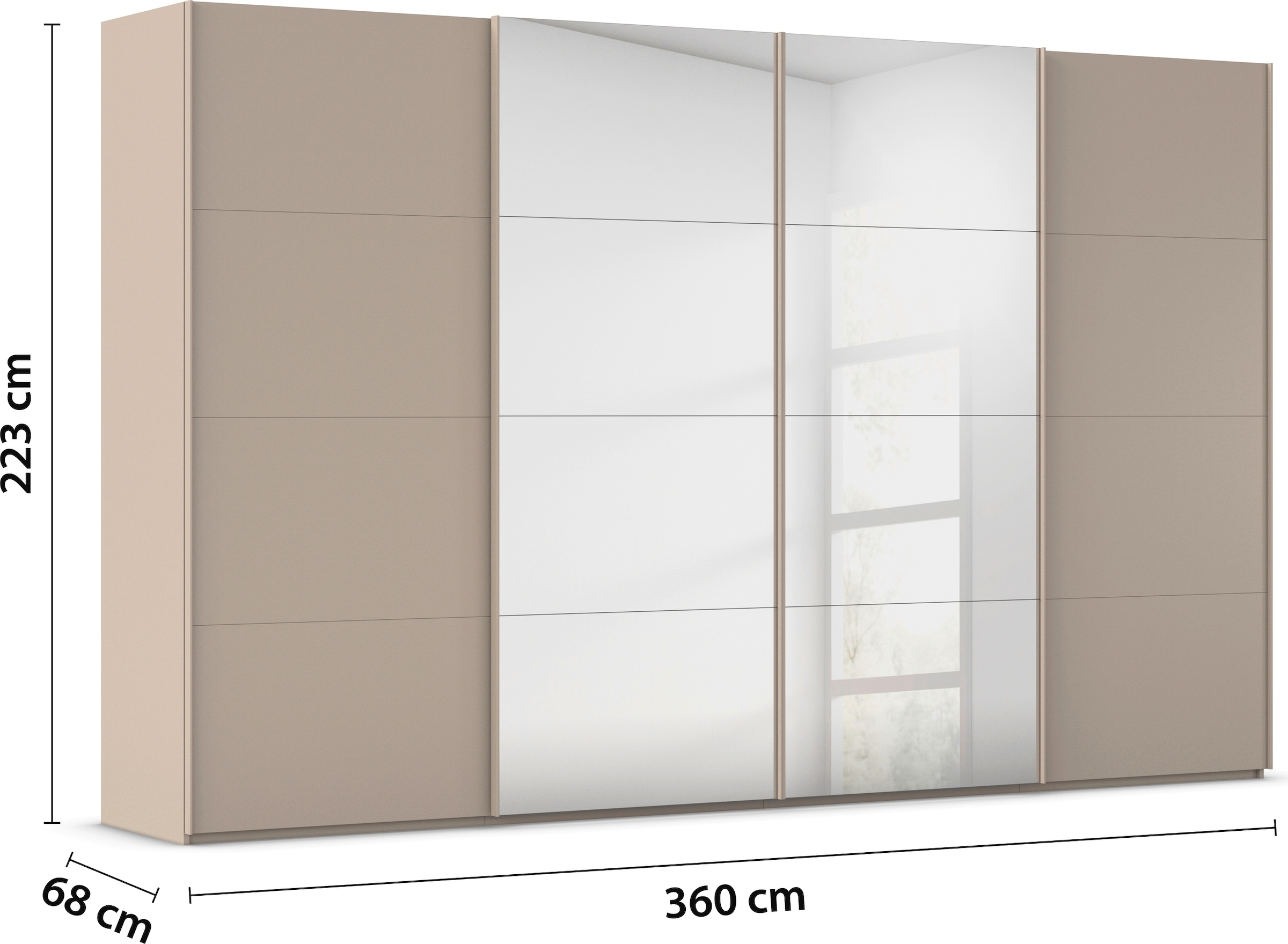 rauch Schwebetürenschrank »Kleiderschrank Schrank Garderobe Schlafzimmerschrank SCALE-FYRA«, edle viergeteilte Türen mit Spiegel und vielen Farben MADE IN GERMANY