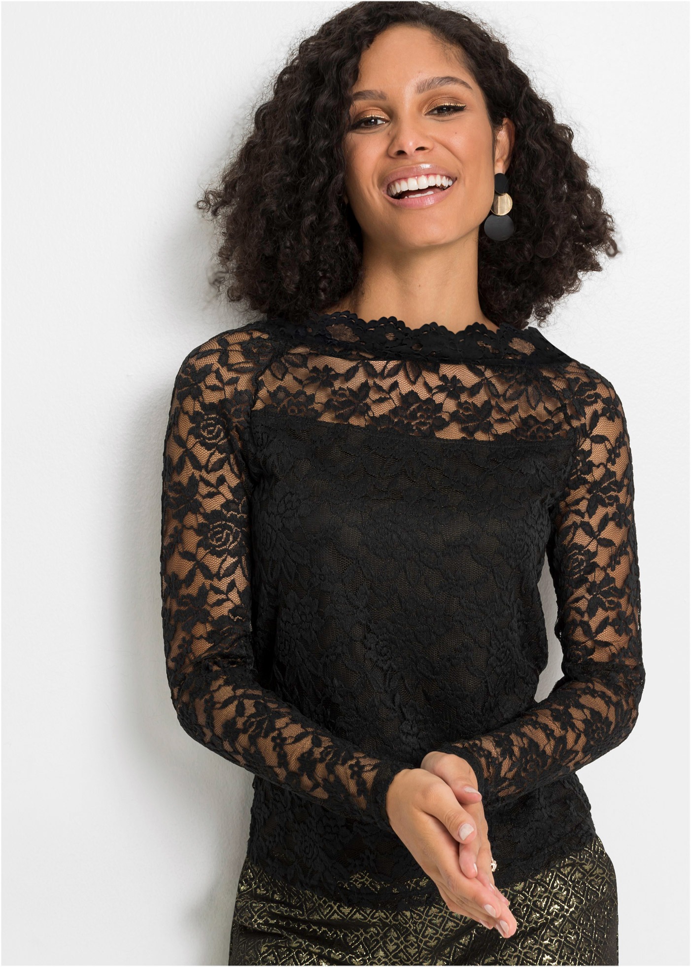 bonprix Langarmshirt Slim fit Passform, mit Spitzen-Details, unifarben günstig online kaufen