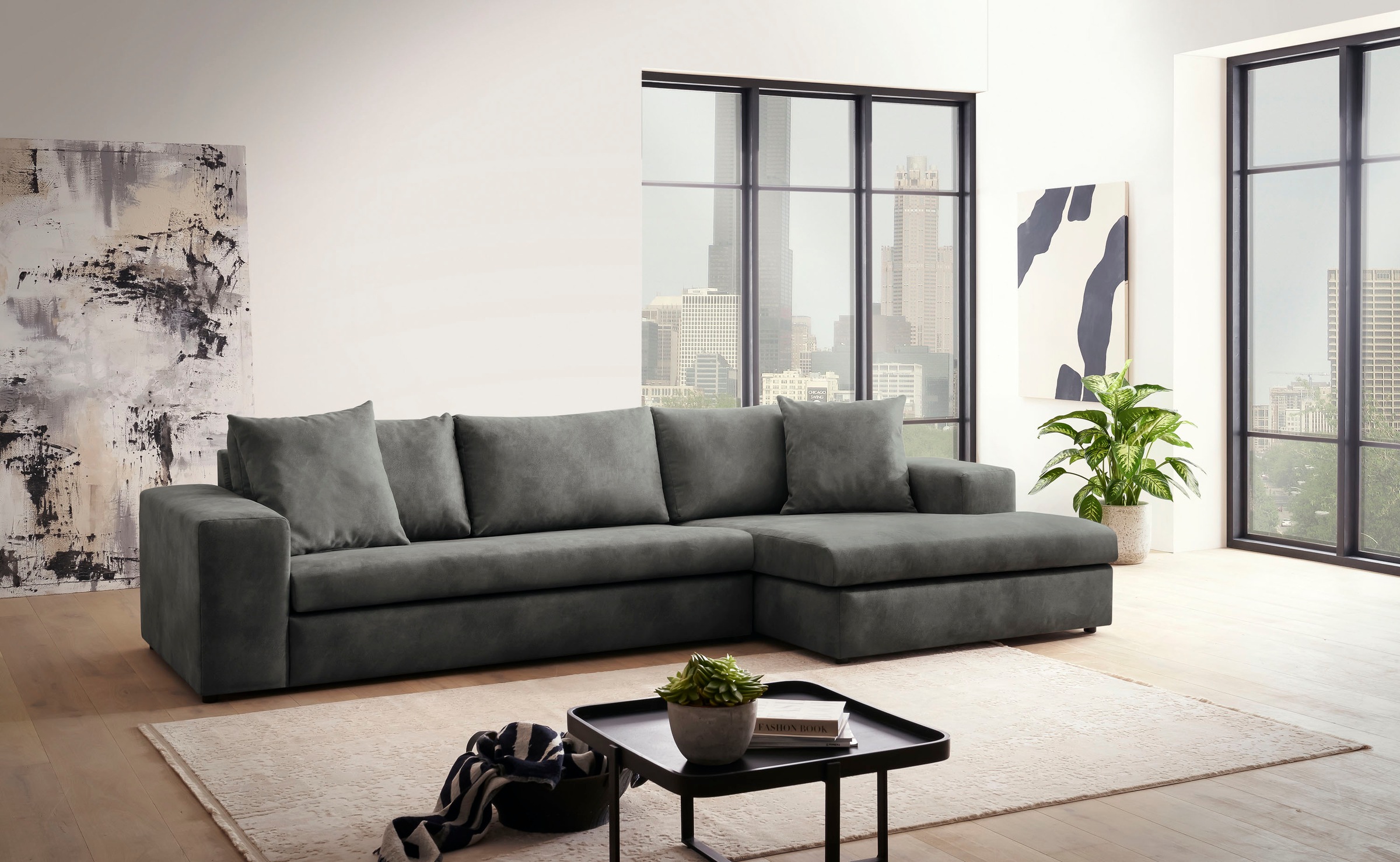 andas Ecksofa »SLEETLAND XXL in Samtvelours oder Vintage-Leder-Optik, L-Form,«, besonders groß und bequem